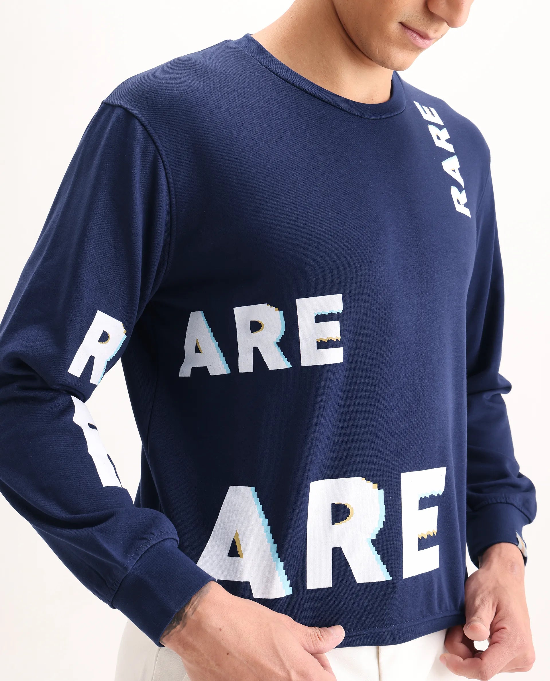 Rare Rabbit Men's Clovis Navy Cotton Monogram Print Regular Fit Full Sleeve Crew Neck Sweatshirt
