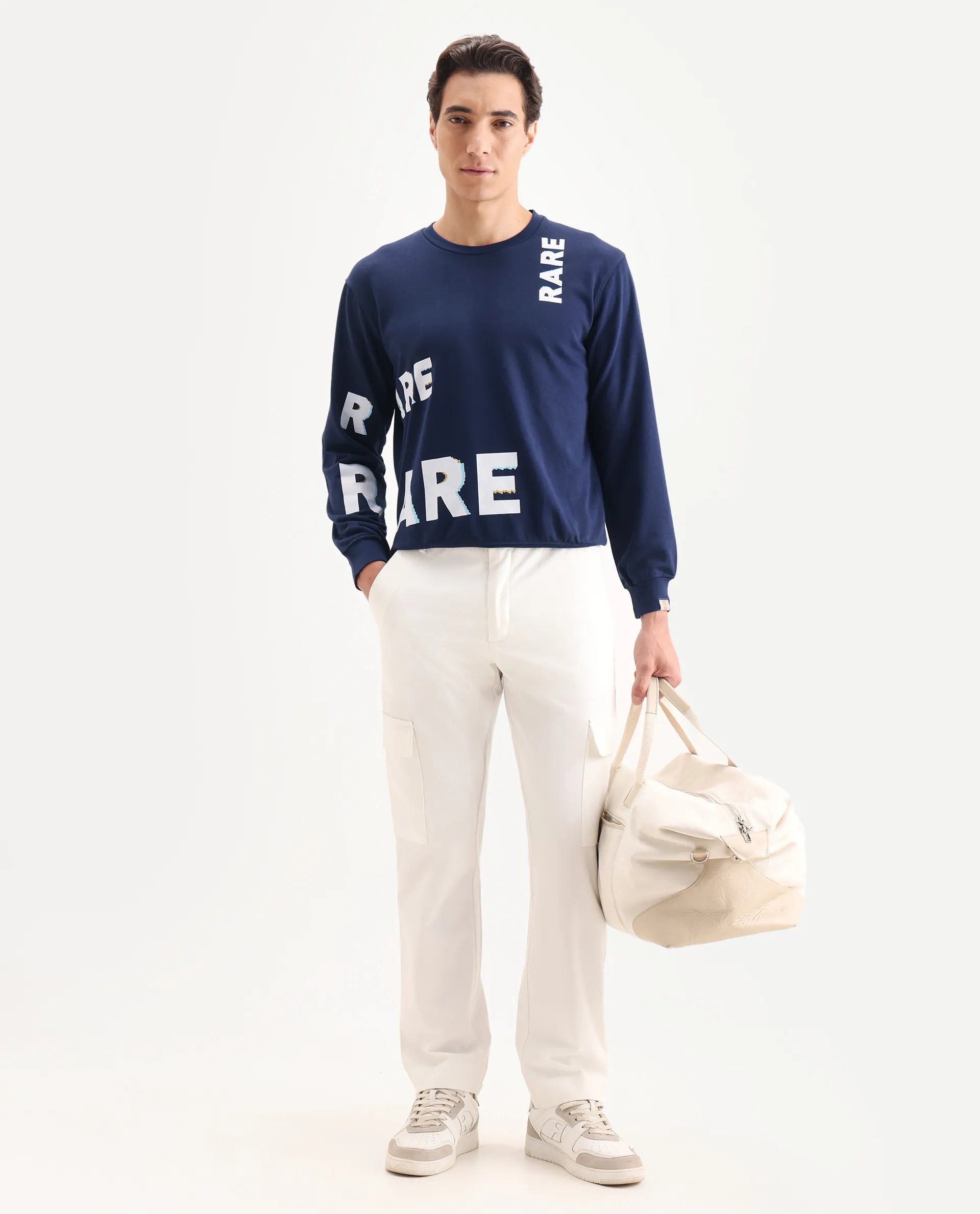 Rare Rabbit Men's Clovis Navy Cotton Monogram Print Regular Fit Full Sleeve Crew Neck Sweatshirt