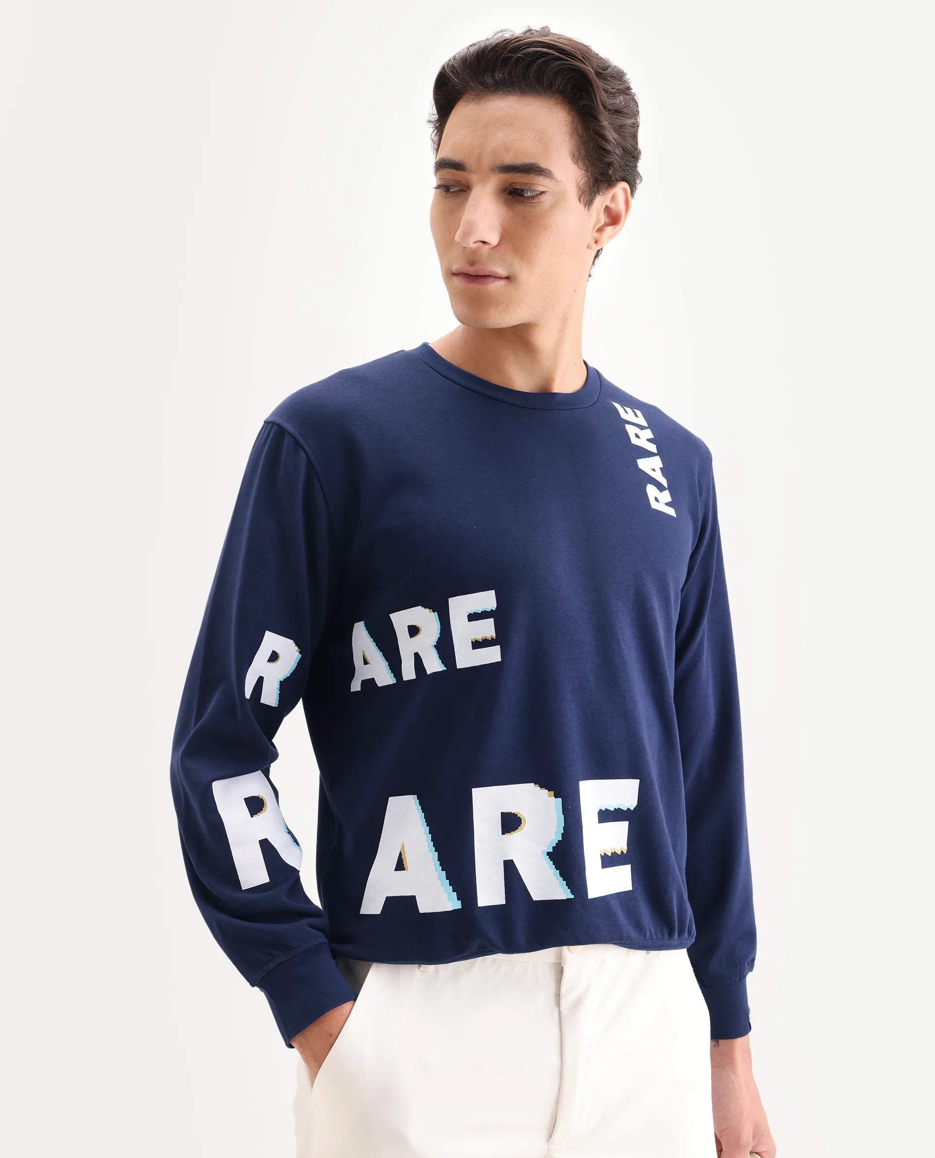 Rare Rabbit Men's Clovis Navy Cotton Monogram Print Regular Fit Full Sleeve Crew Neck Sweatshirt