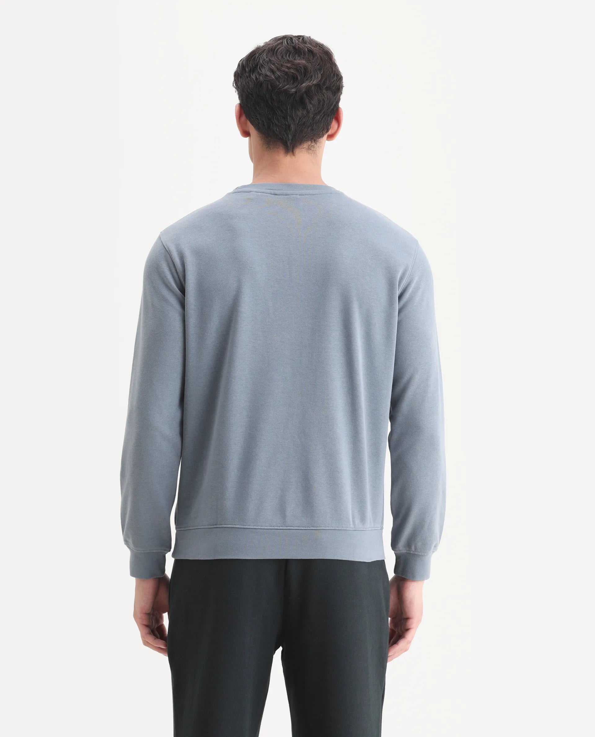 Rare Rabbit Men's Fern Blue Cotton Embroidered Slim Fit Full Sleeve Crew Neck Sweatshirt