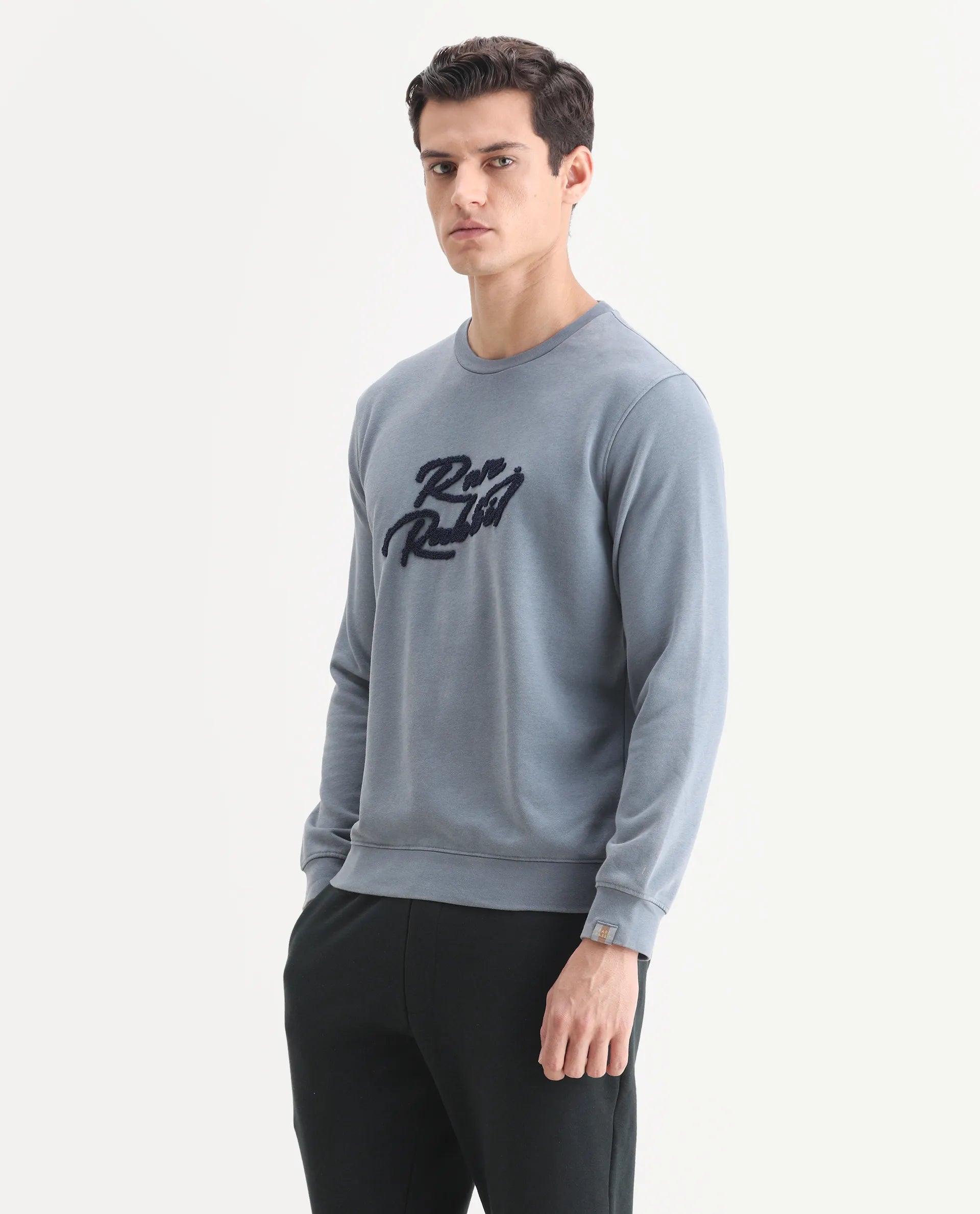 Rare Rabbit Men's Fern Blue Cotton Embroidered Slim Fit Full Sleeve Crew Neck Sweatshirt