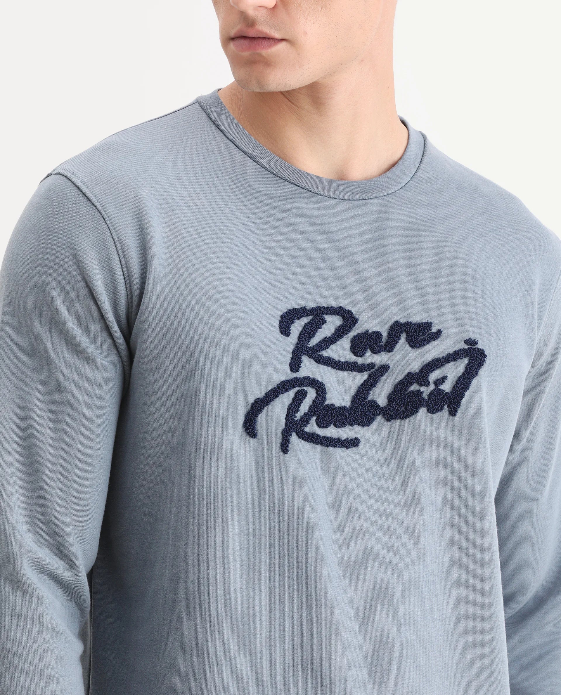 Rare Rabbit Men's Fern Blue Cotton Embroidered Slim Fit Full Sleeve Crew Neck Sweatshirt