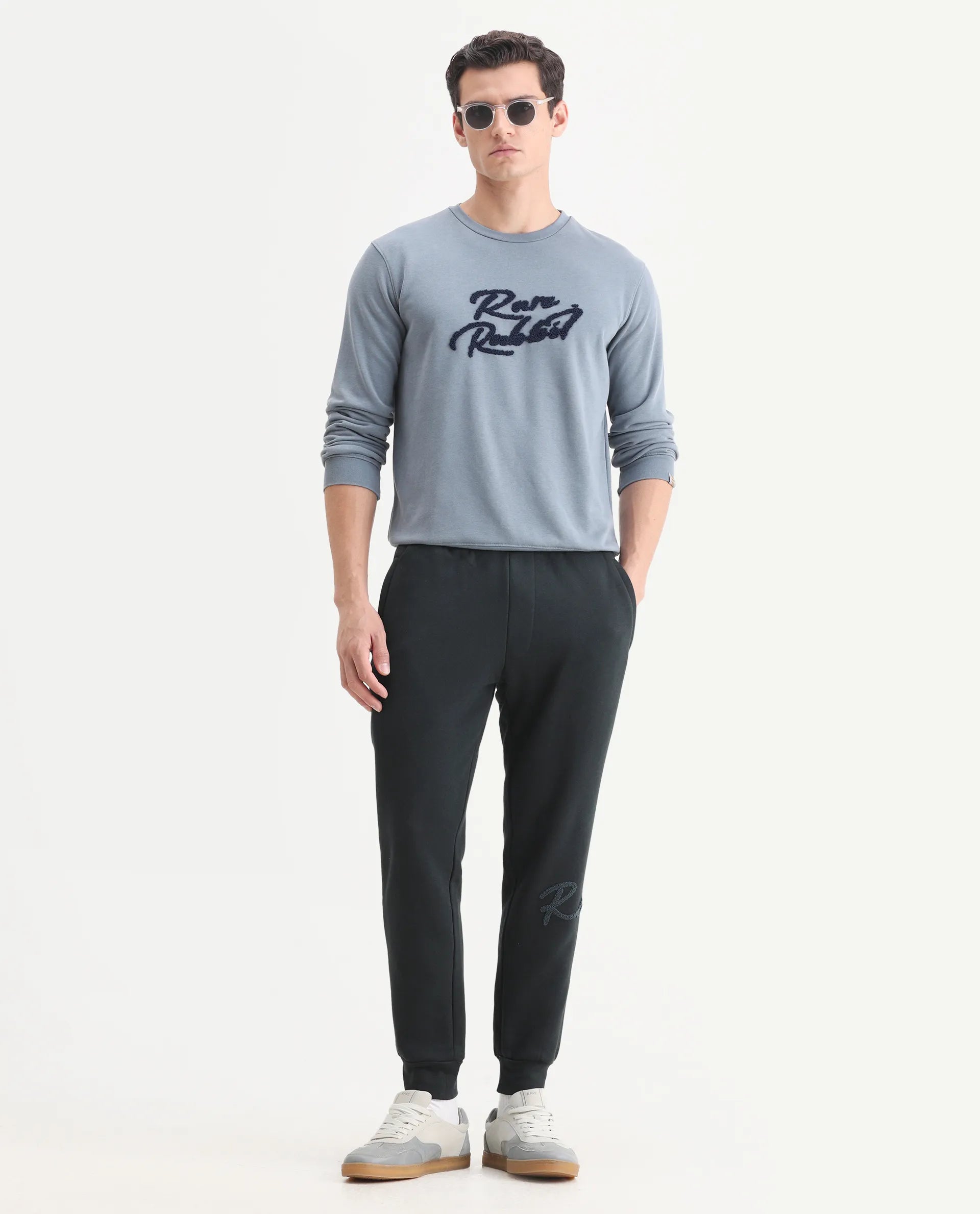 Rare Rabbit Men's Fern Blue Cotton Embroidered Slim Fit Full Sleeve Crew Neck Sweatshirt