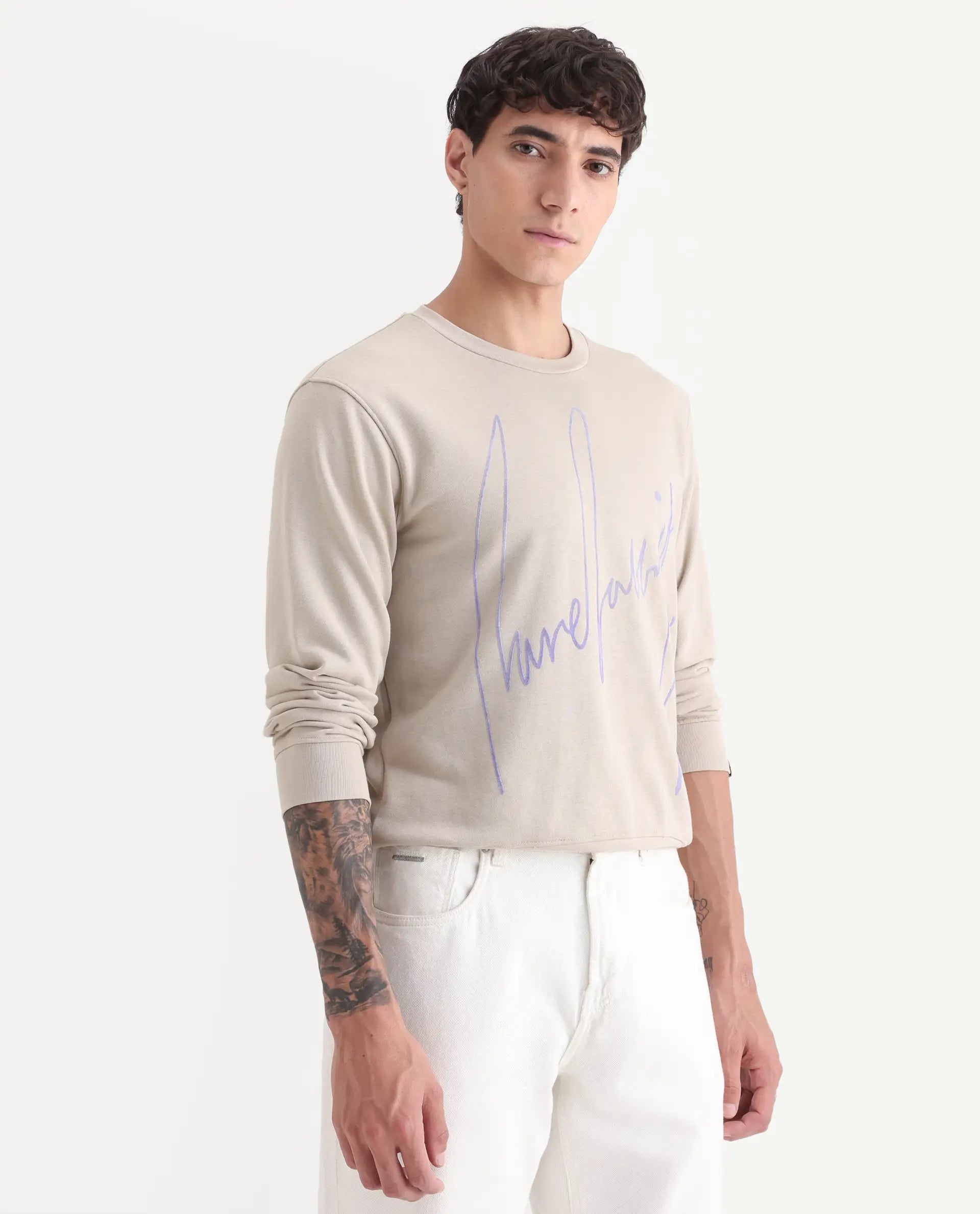 Rare Rabbit Men's Flocker Beige Cotton Graphic Print Regular Fit Full Sleeve Crew Neck Sweatshirt