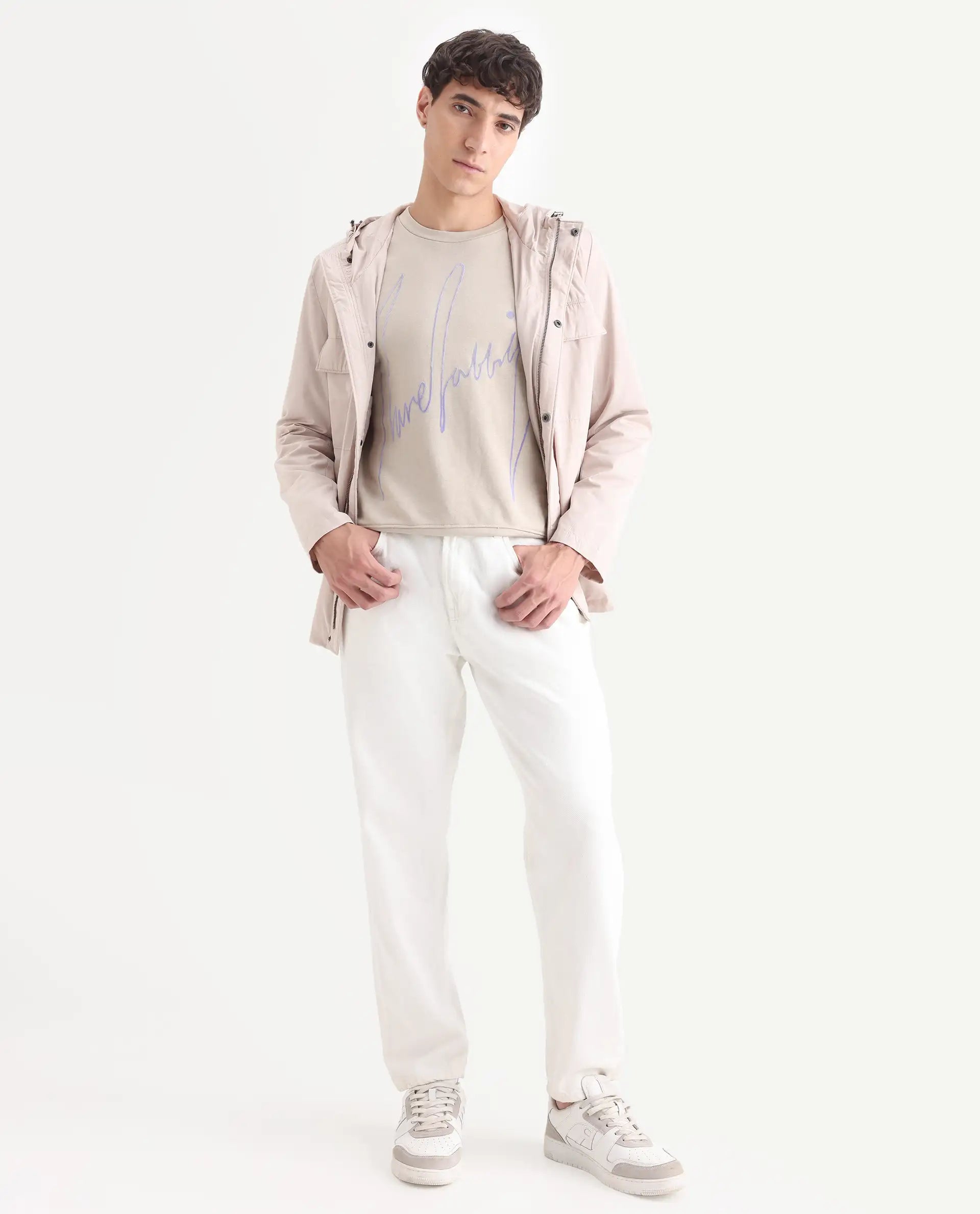 Rare Rabbit Men's Flocker Beige Cotton Graphic Print Regular Fit Full Sleeve Crew Neck Sweatshirt
