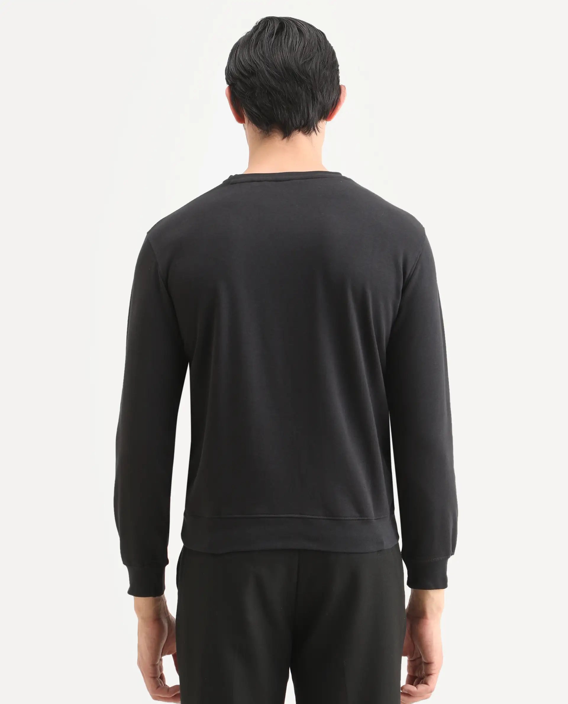 Rare Rabbit Men's Neor Black Cotton Embroidered Regular Fit Full Sleeve Crew Neck Sweatshirt