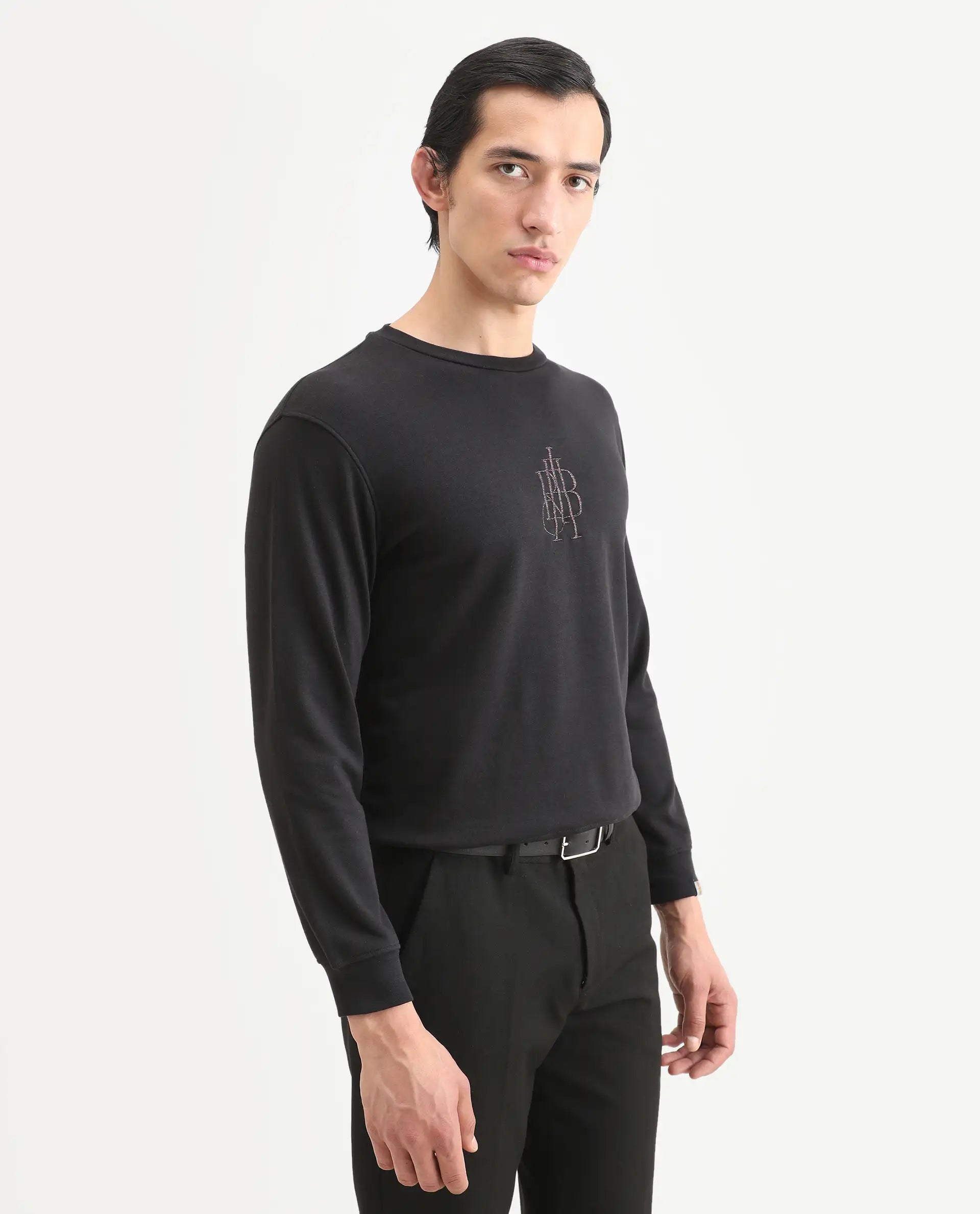 Rare Rabbit Men's Neor Black Cotton Embroidered Regular Fit Full Sleeve Crew Neck Sweatshirt