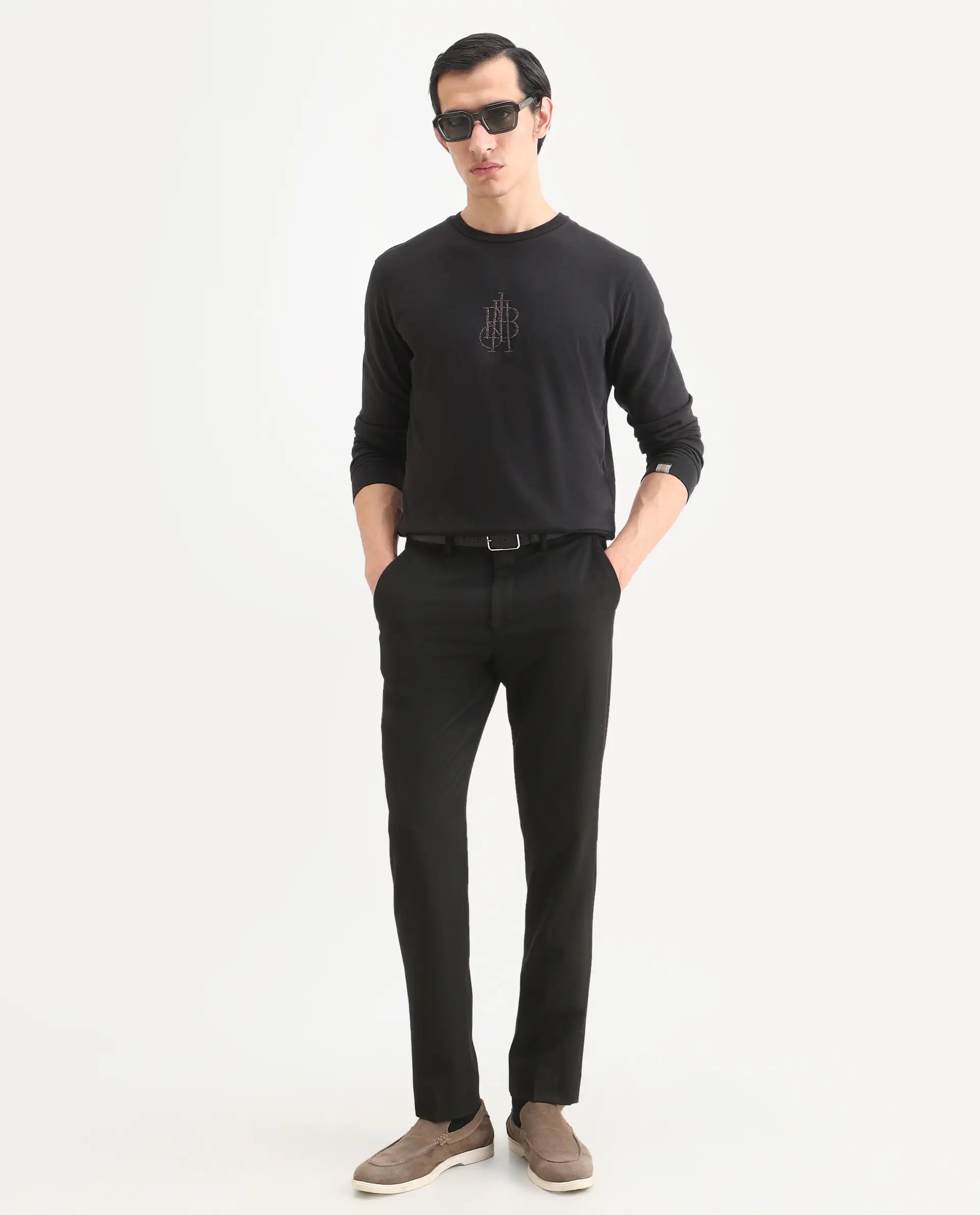 Rare Rabbit Men's Neor Black Cotton Embroidered Regular Fit Full Sleeve Crew Neck Sweatshirt