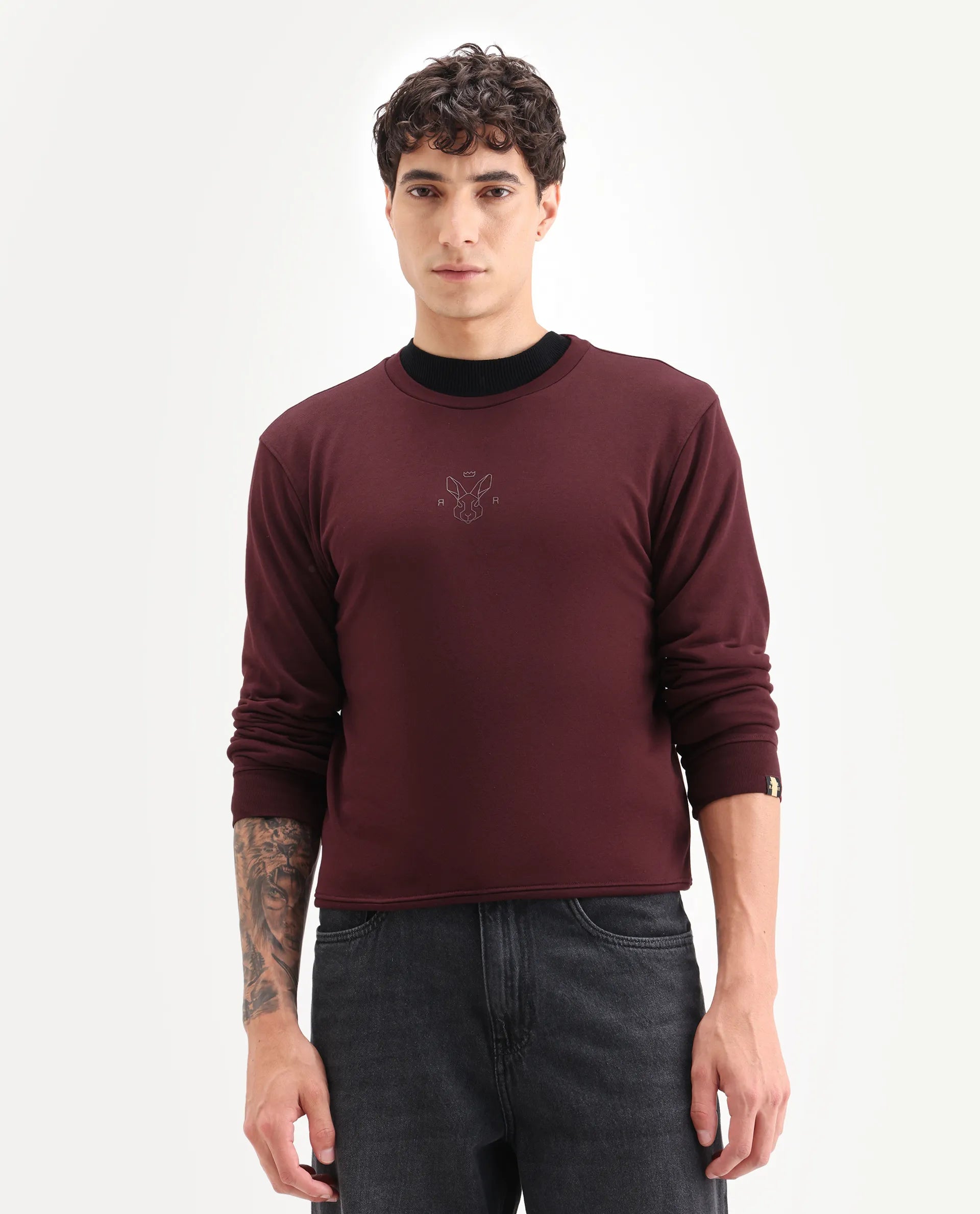 Rare Rabbit Men's Zen Maroon Cotton Plain Regular Fit Full Sleeve Crew Neck Sweatshirt