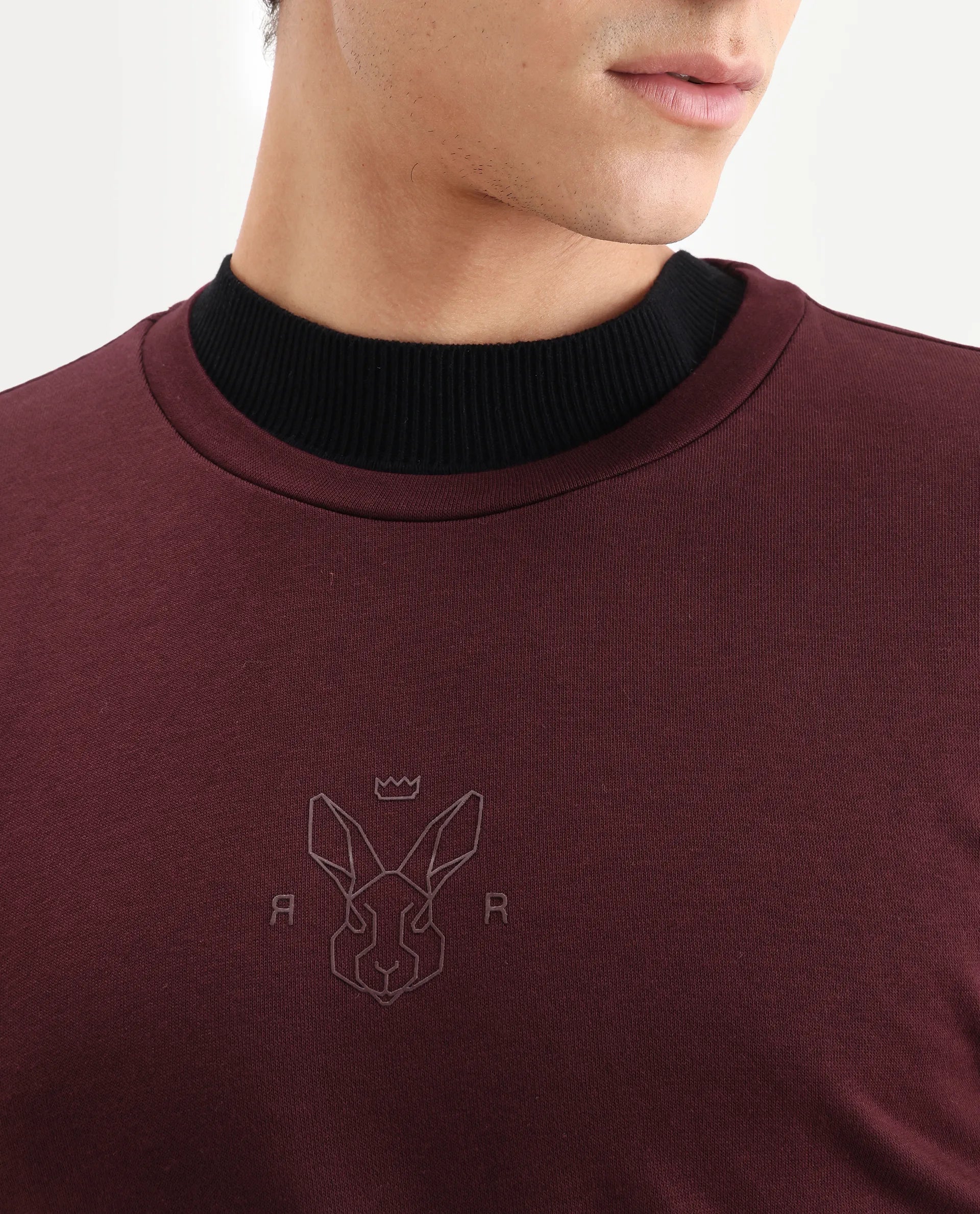Rare Rabbit Men's Zen Maroon Cotton Plain Regular Fit Full Sleeve Crew Neck Sweatshirt
