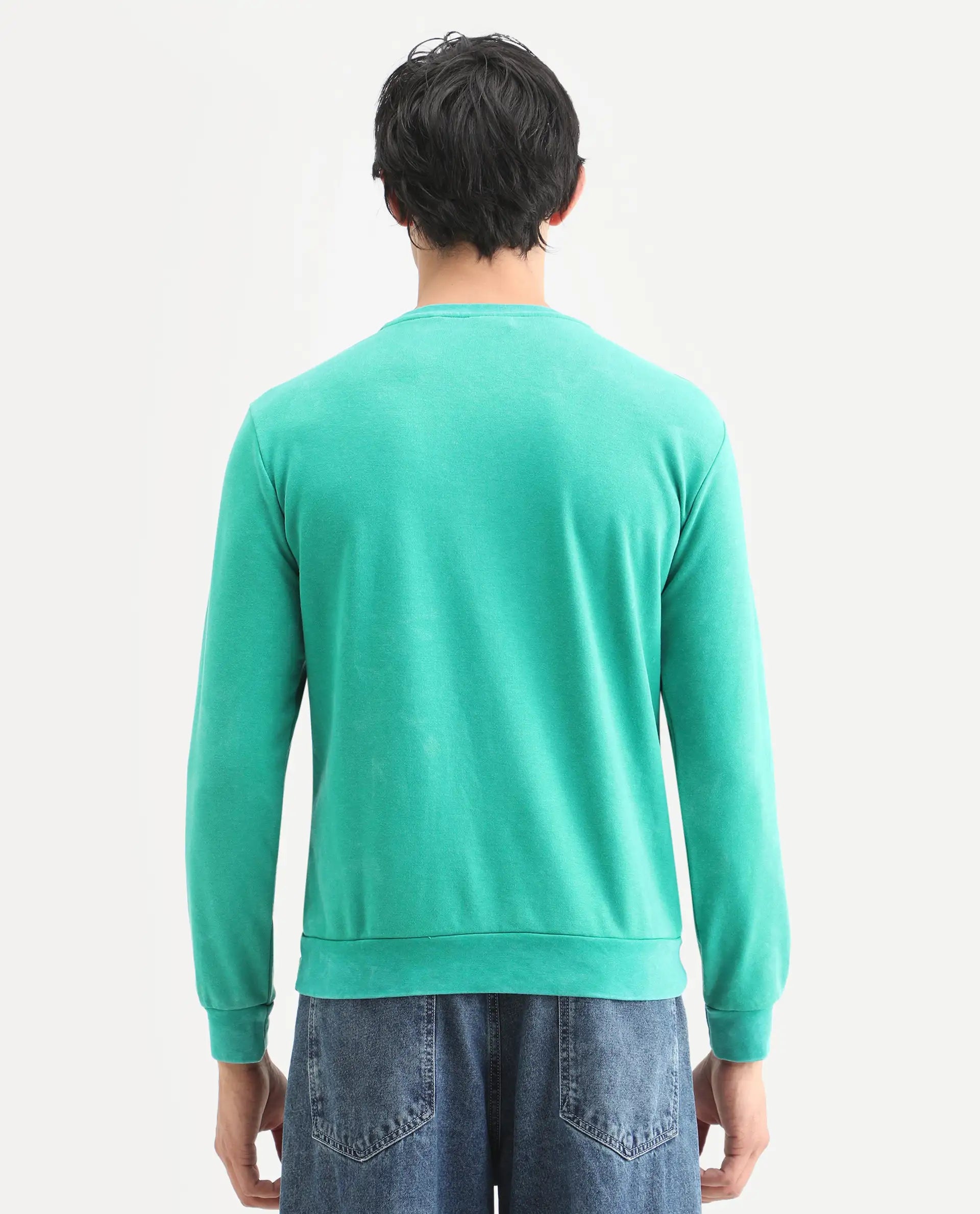 Rare Rabbit Men's Fern Green Cotton Embroidered Slim Fit Full Sleeve Crew Neck Sweatshirt