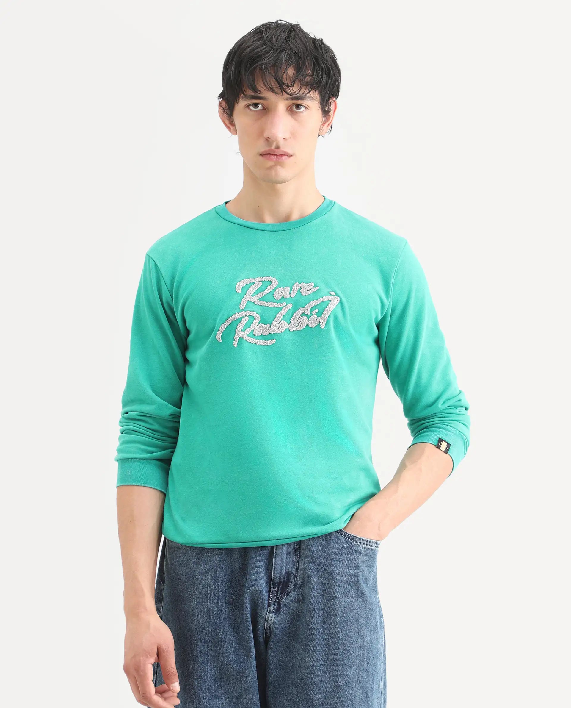 Rare Rabbit Men's Fern Green Cotton Embroidered Slim Fit Full Sleeve Crew Neck Sweatshirt