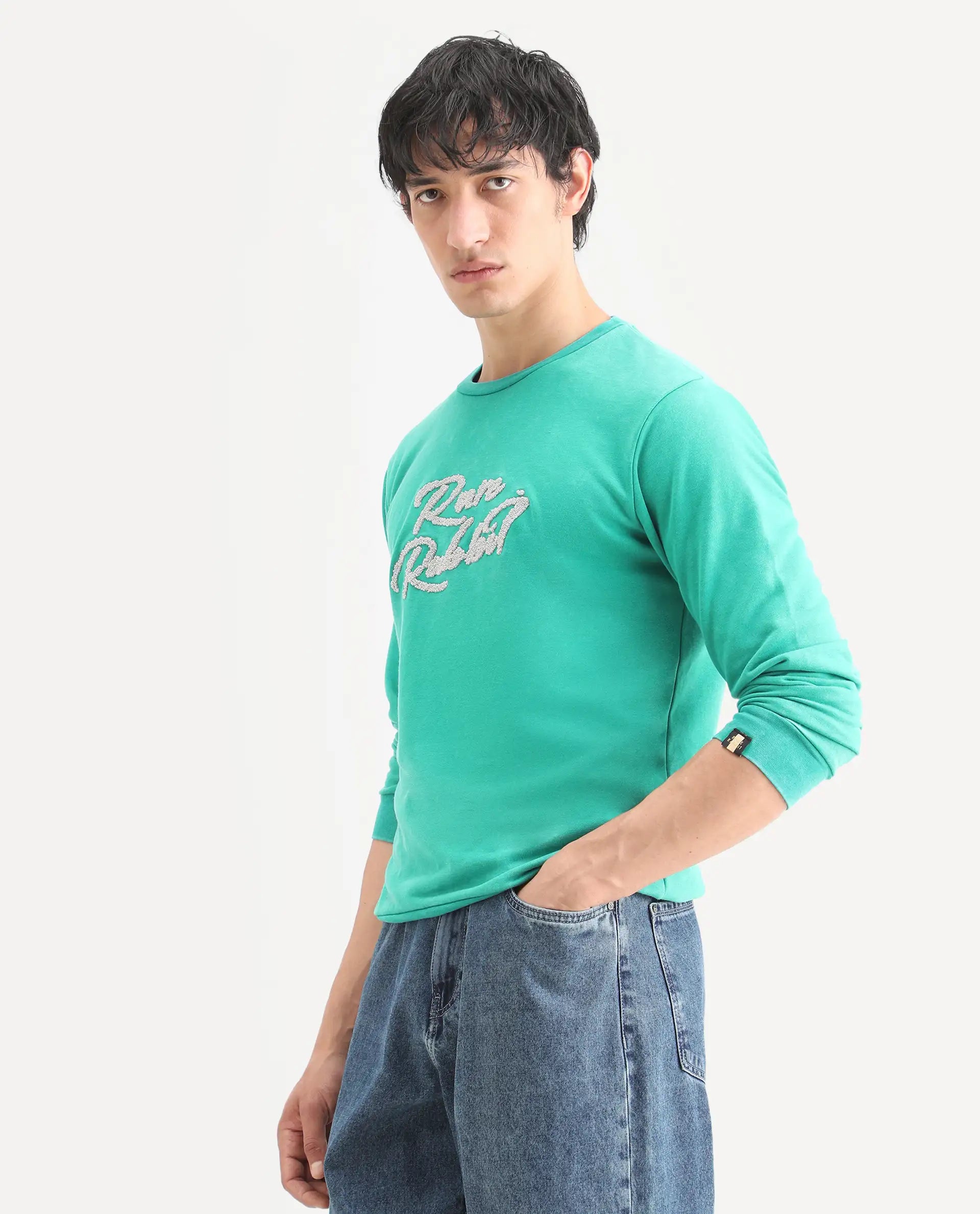 Rare Rabbit Men's Fern Green Cotton Embroidered Slim Fit Full Sleeve Crew Neck Sweatshirt