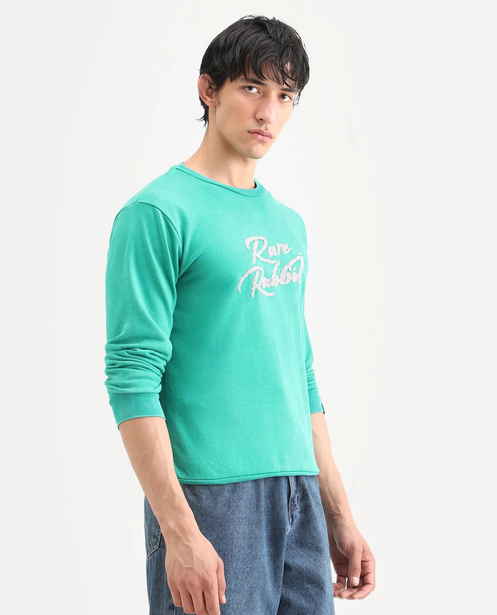 Rare Rabbit Men's Fern Green Cotton Embroidered Slim Fit Full Sleeve Crew Neck Sweatshirt