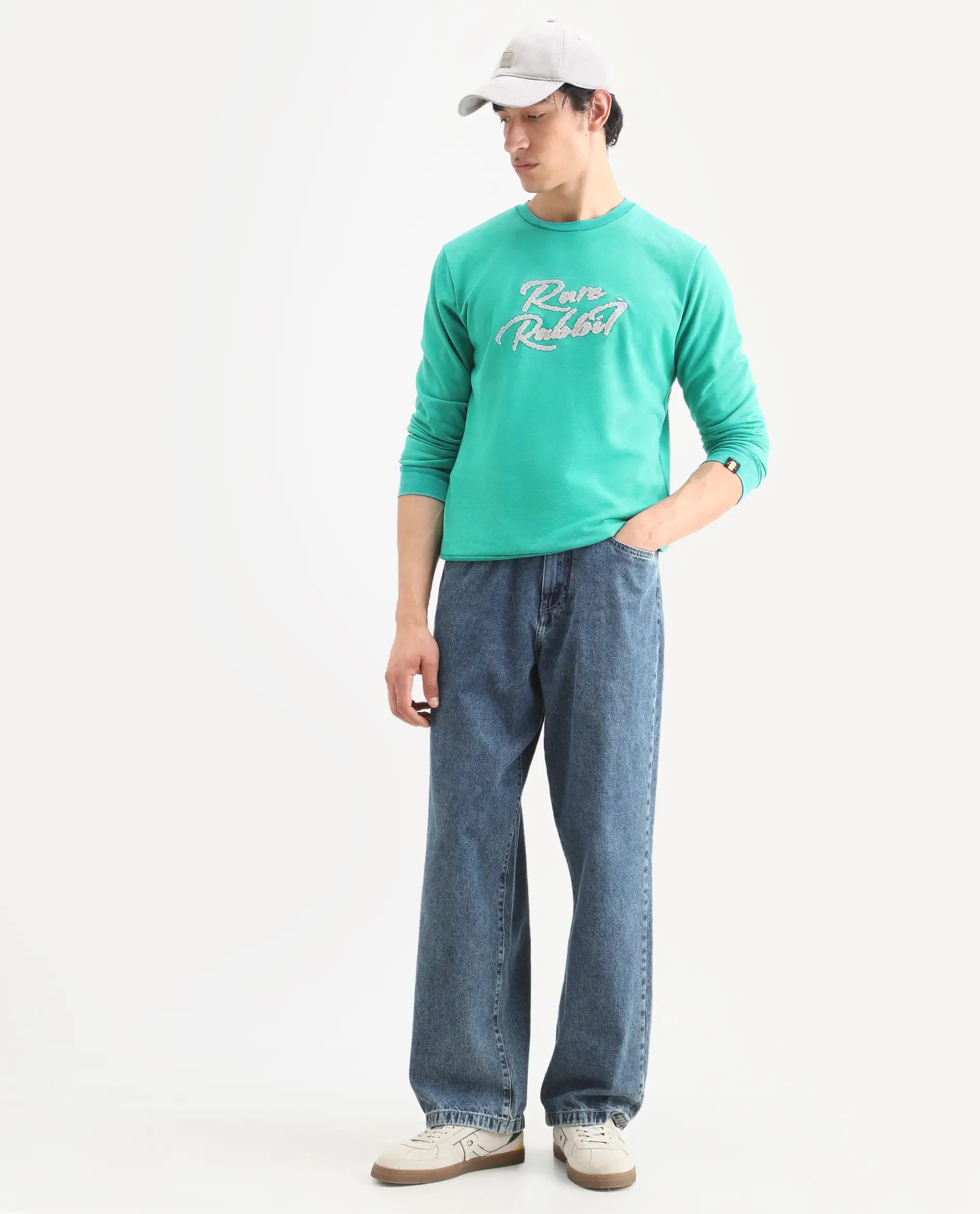 Rare Rabbit Men's Fern Green Cotton Embroidered Slim Fit Full Sleeve Crew Neck Sweatshirt
