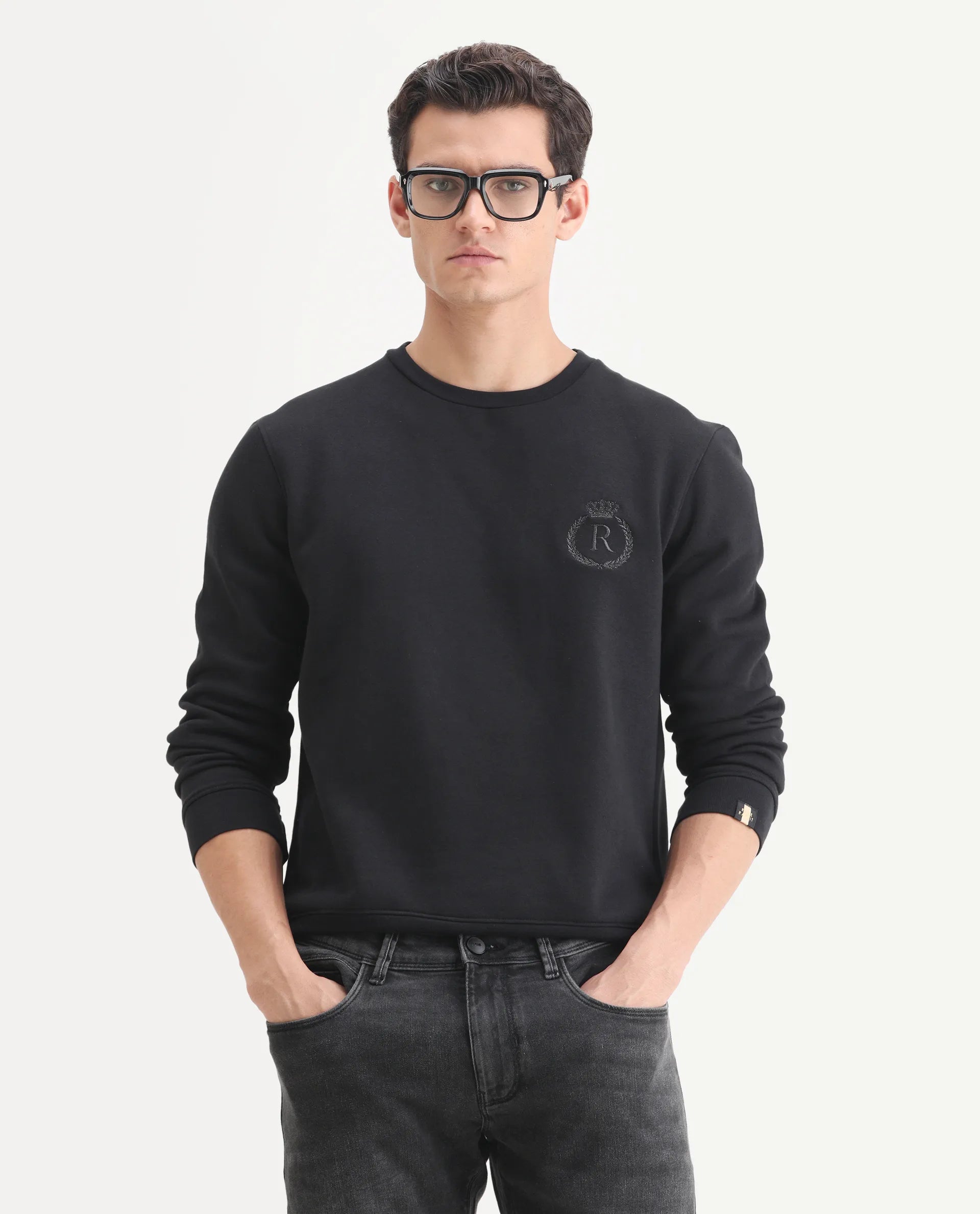 Rare Rabbit Men's Elle Black Cotton Embroidered Slim Fit Full Sleeve Crew Neck Sweatshirt