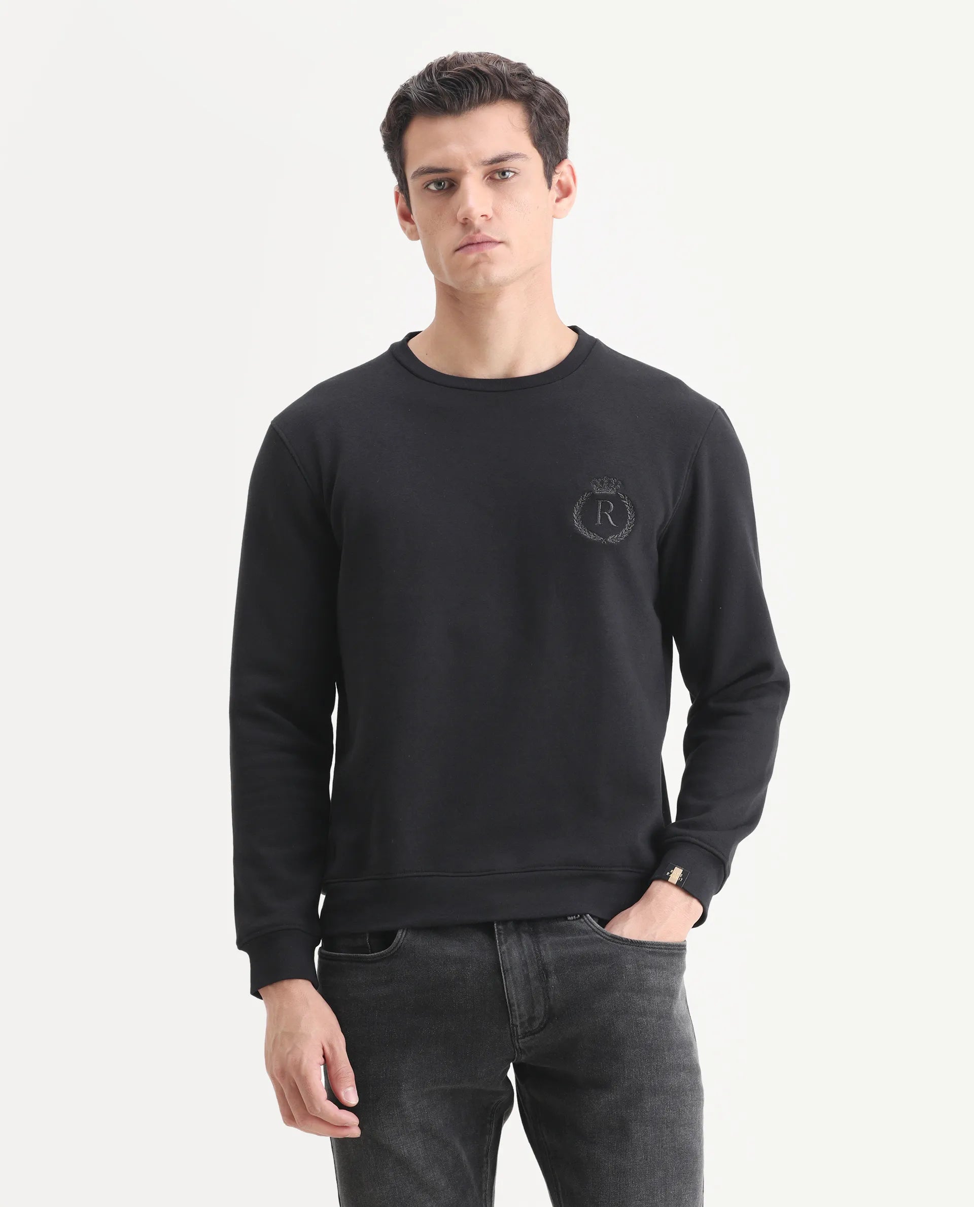 Rare Rabbit Men's Elle Black Cotton Embroidered Slim Fit Full Sleeve Crew Neck Sweatshirt