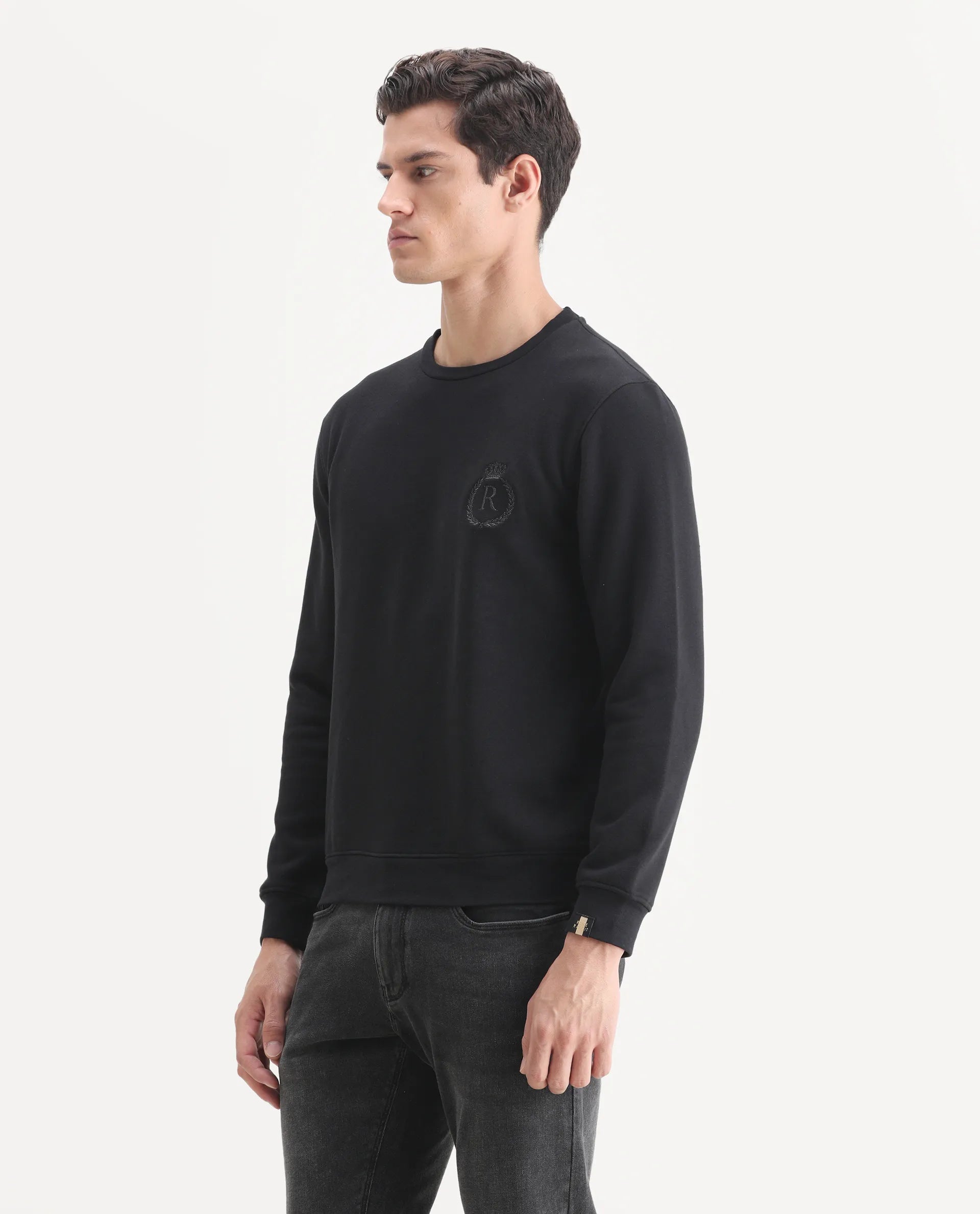 Rare Rabbit Men's Elle Black Cotton Embroidered Slim Fit Full Sleeve Crew Neck Sweatshirt