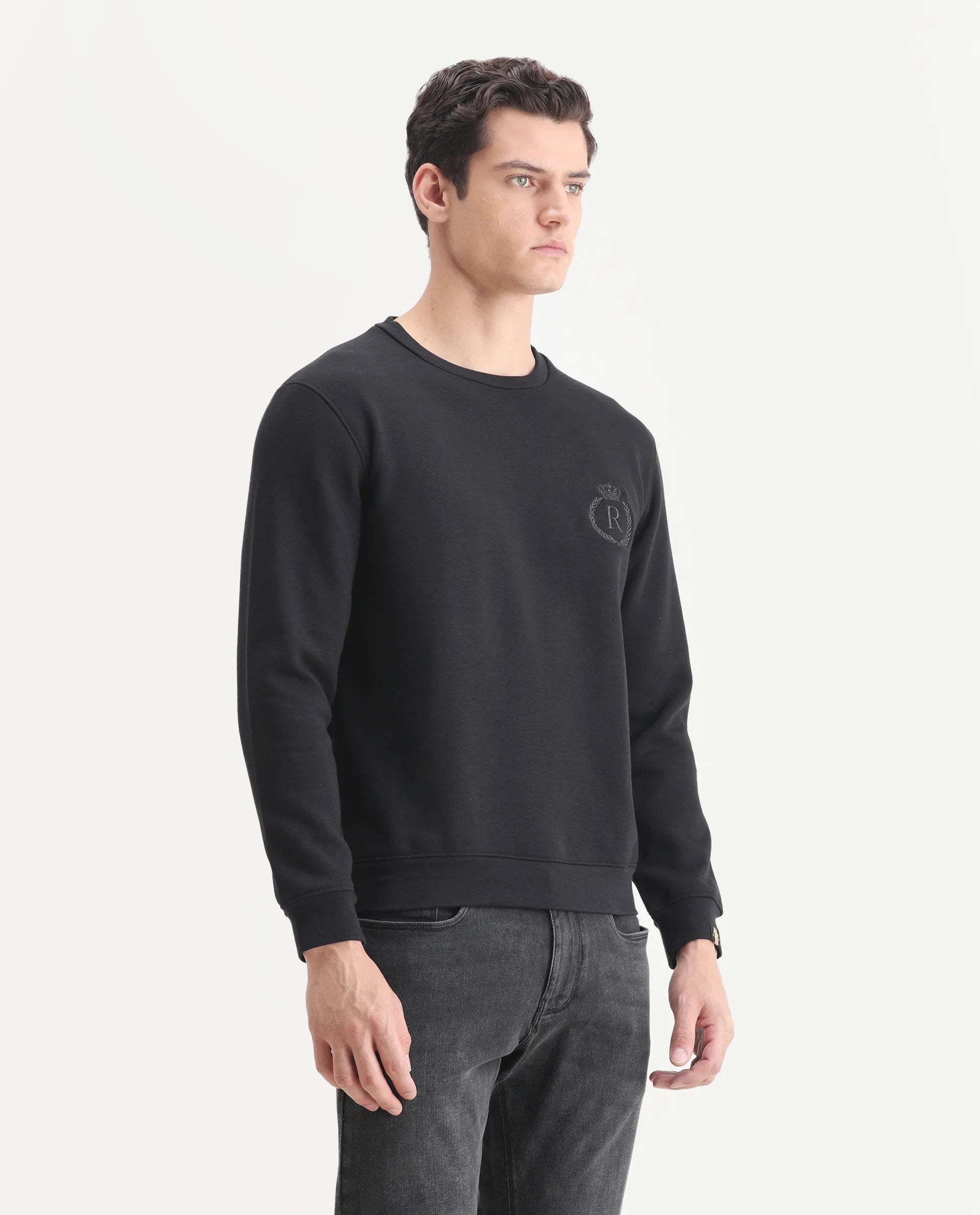 Rare Rabbit Men's Elle Black Cotton Embroidered Slim Fit Full Sleeve Crew Neck Sweatshirt