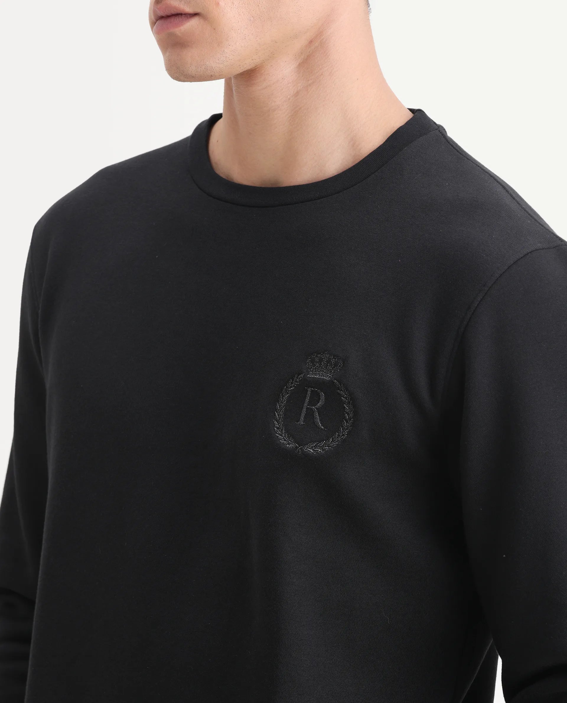 Rare Rabbit Men's Elle Black Cotton Embroidered Slim Fit Full Sleeve Crew Neck Sweatshirt