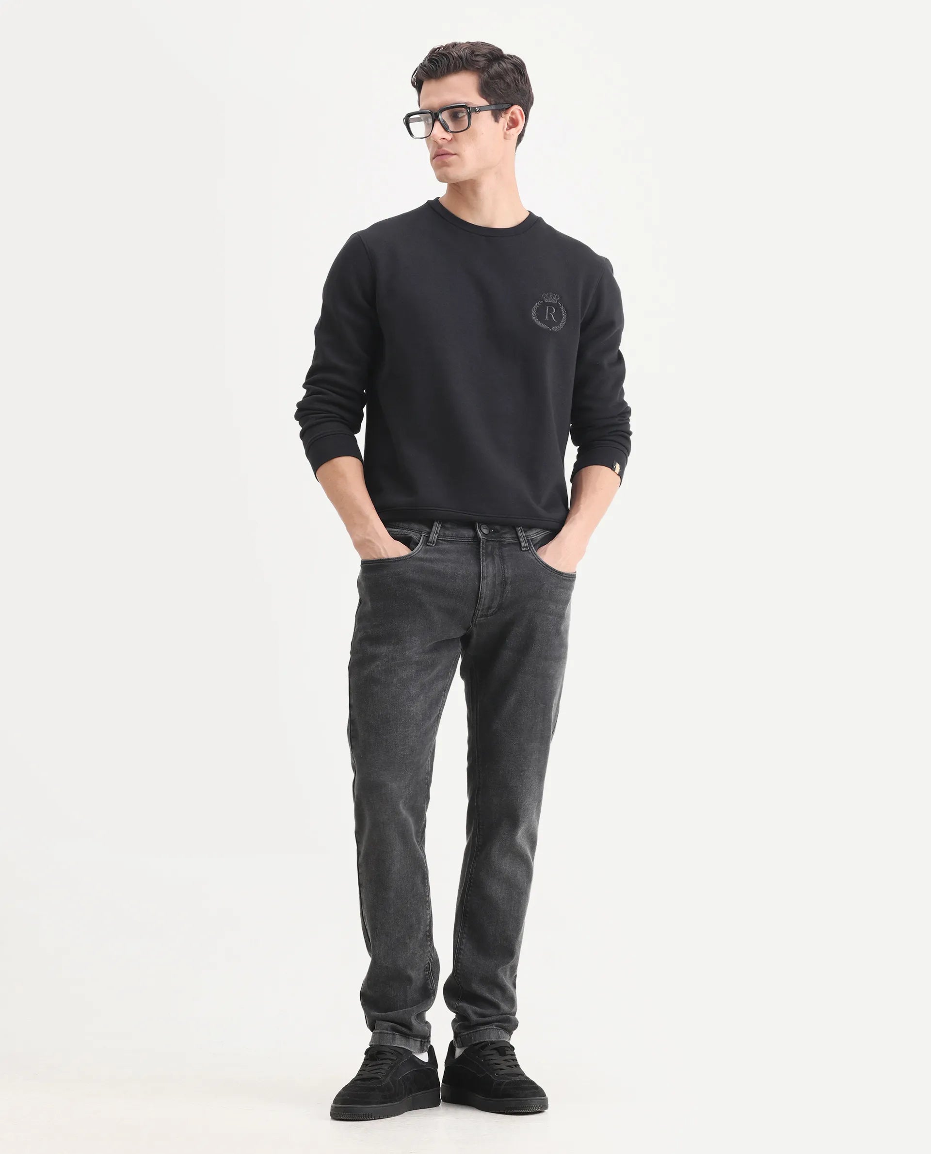 Rare Rabbit Men's Elle Black Cotton Embroidered Slim Fit Full Sleeve Crew Neck Sweatshirt