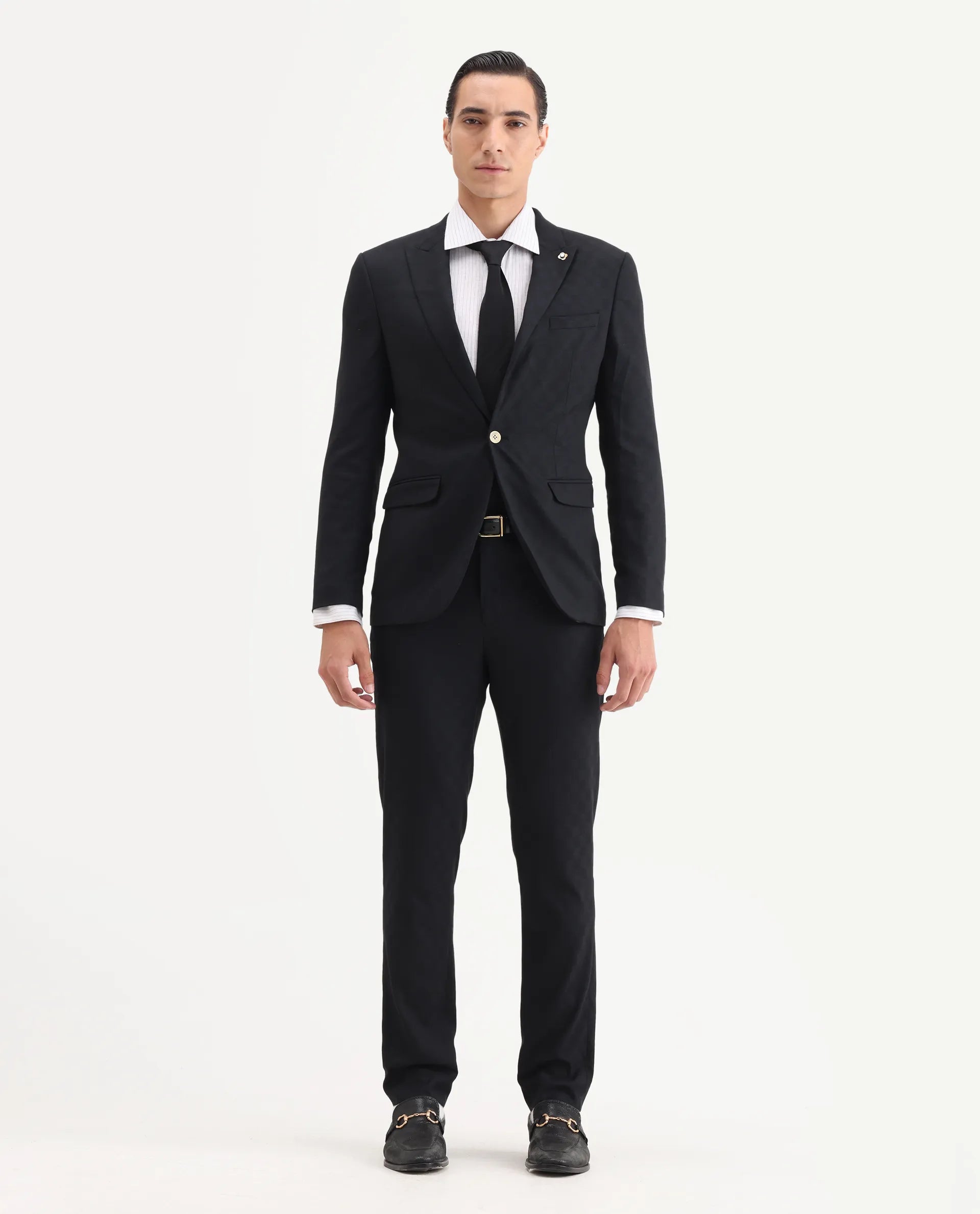 Rare Rabbit Men's Zeta Navy Polyester Blend Jacquard Tailored Fit Full Sleeve Lapel Neck Suits