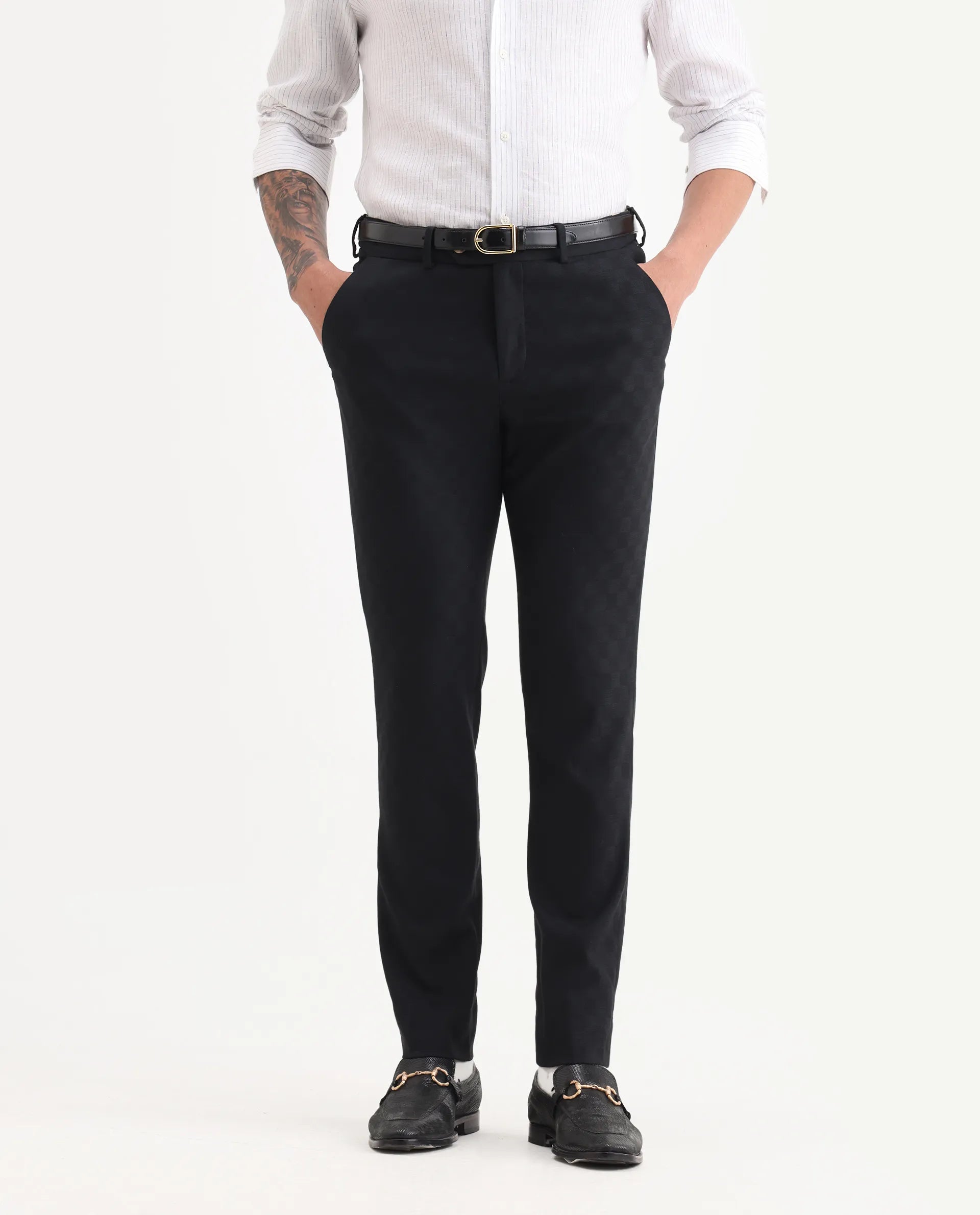 Rare Rabbit Men's Zeta Navy Viscose Jacquard Tailored Fit Full Sleeve Lapel Neck Suits