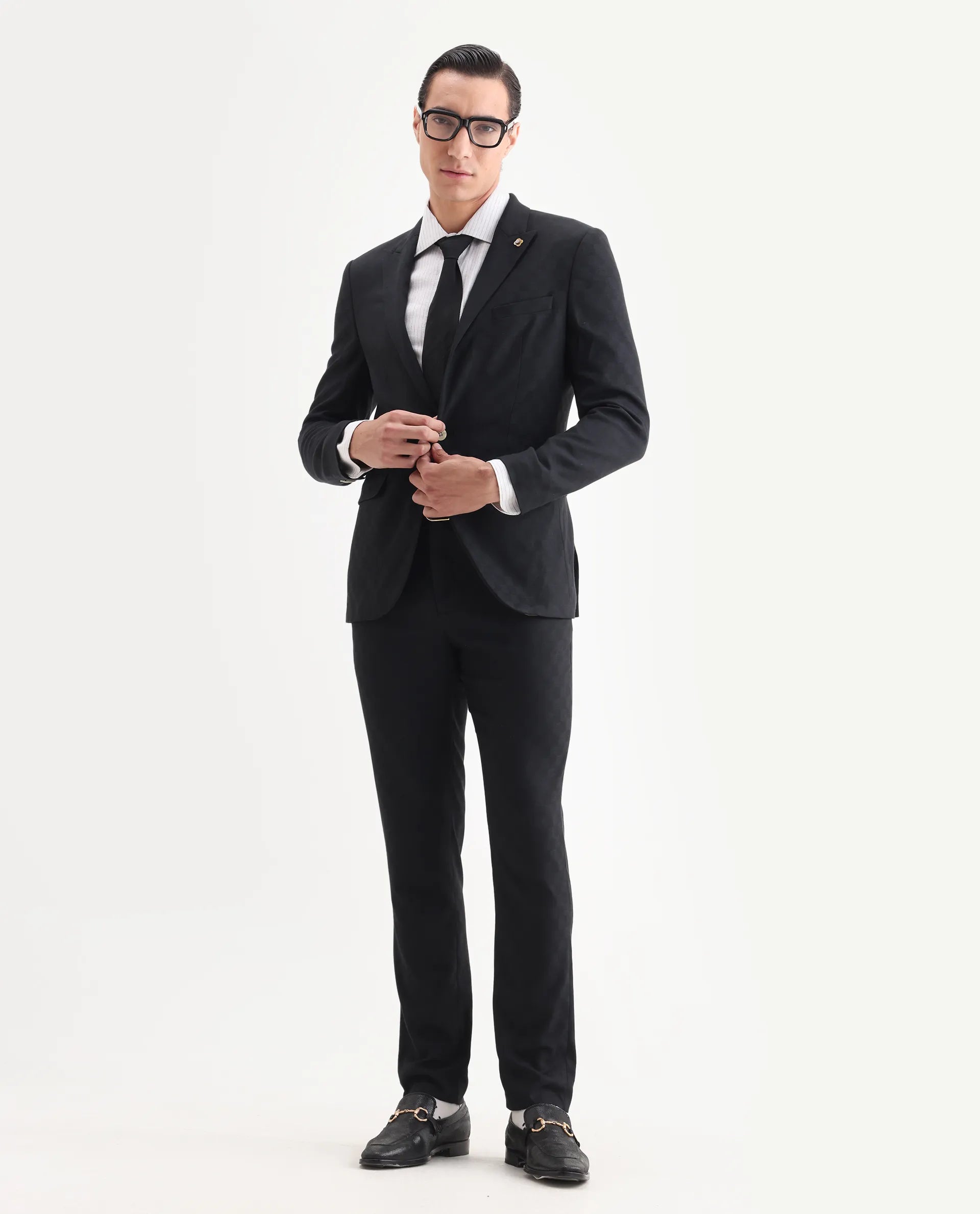 Rare Rabbit Men's Zeta Navy Viscose Jacquard Tailored Fit Full Sleeve Lapel Neck Suits