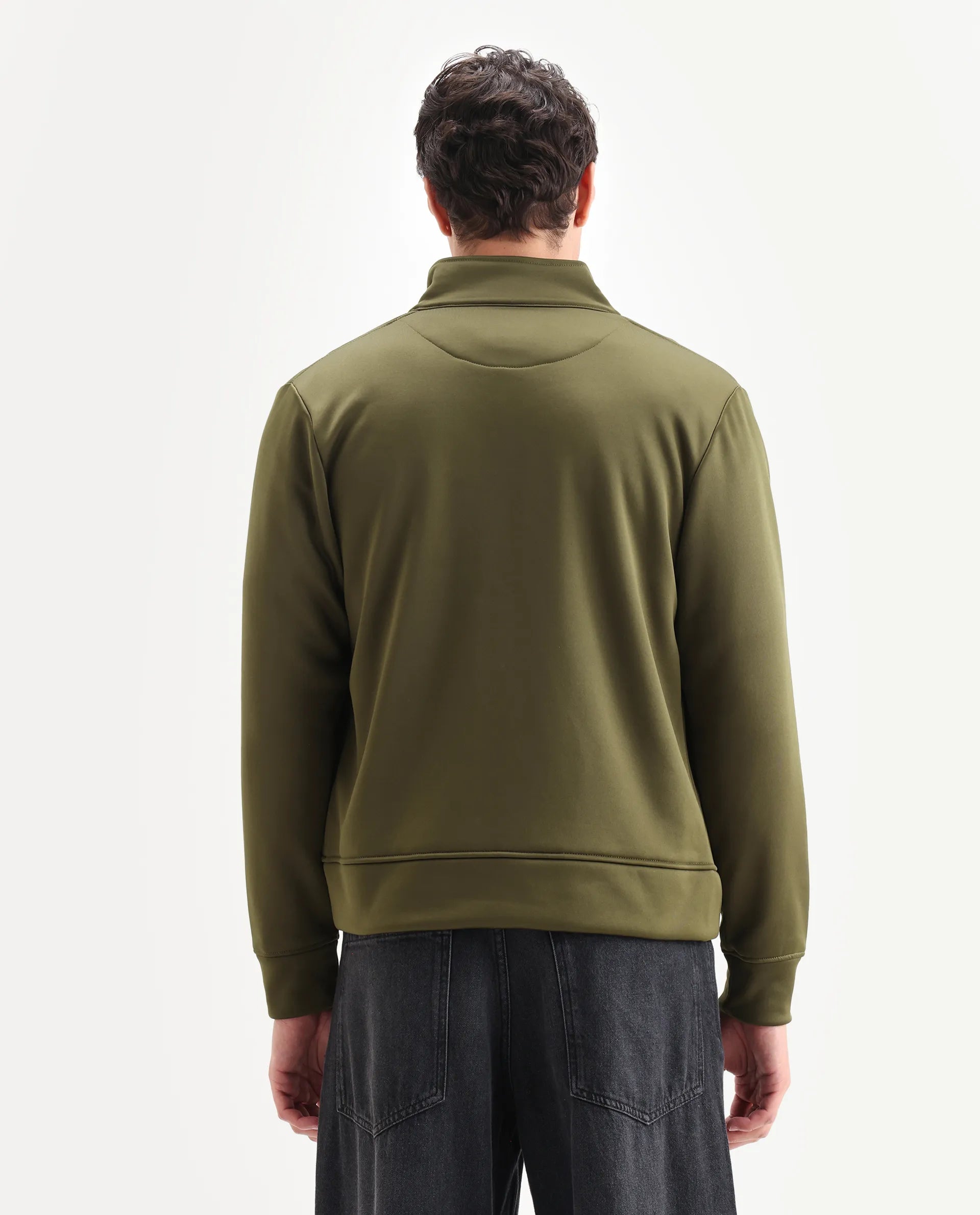 Rare Rabbit Men's Bond Olive Polyester Plain Regular Fit Full Sleeve High Neck Jacket
