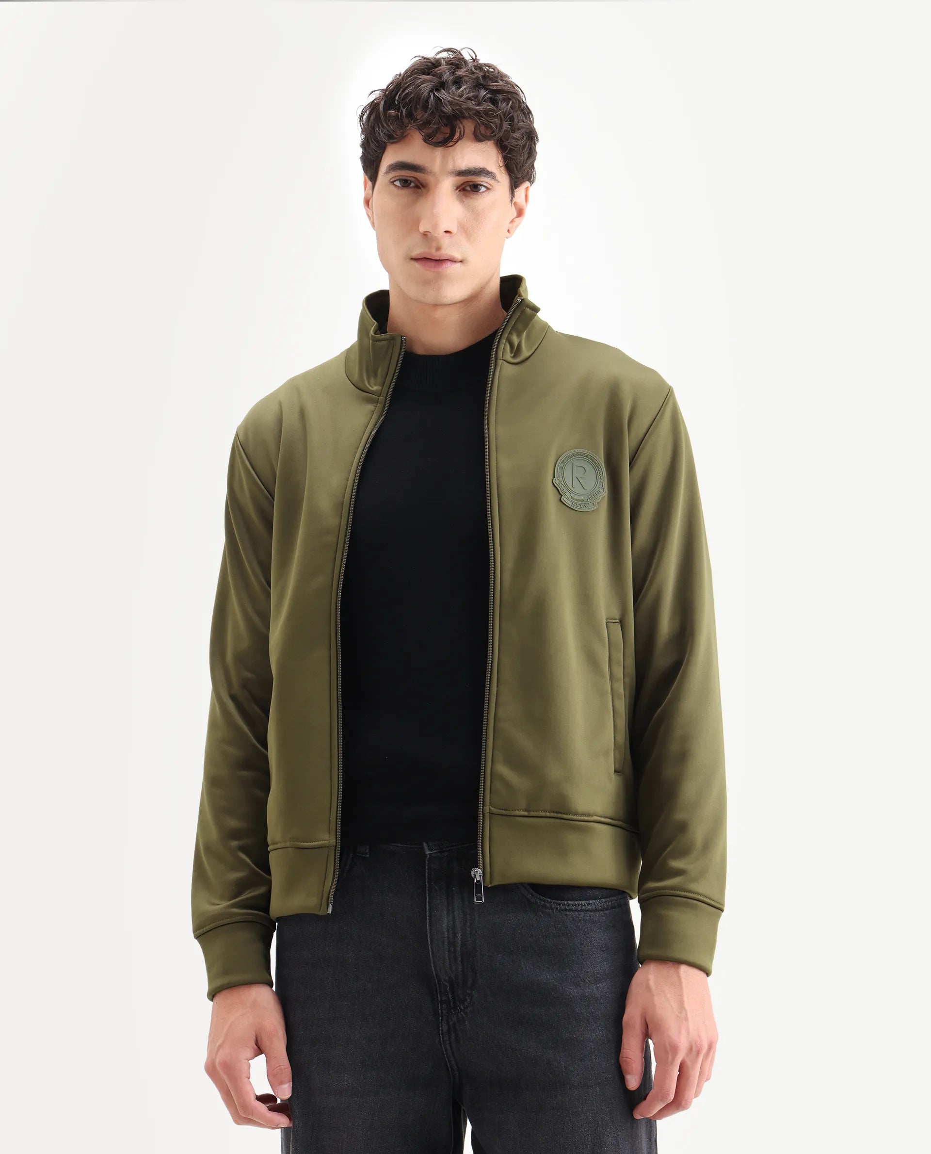 Rare Rabbit Men's Bond Olive Polyester Plain Regular Fit Full Sleeve High Neck Jacket