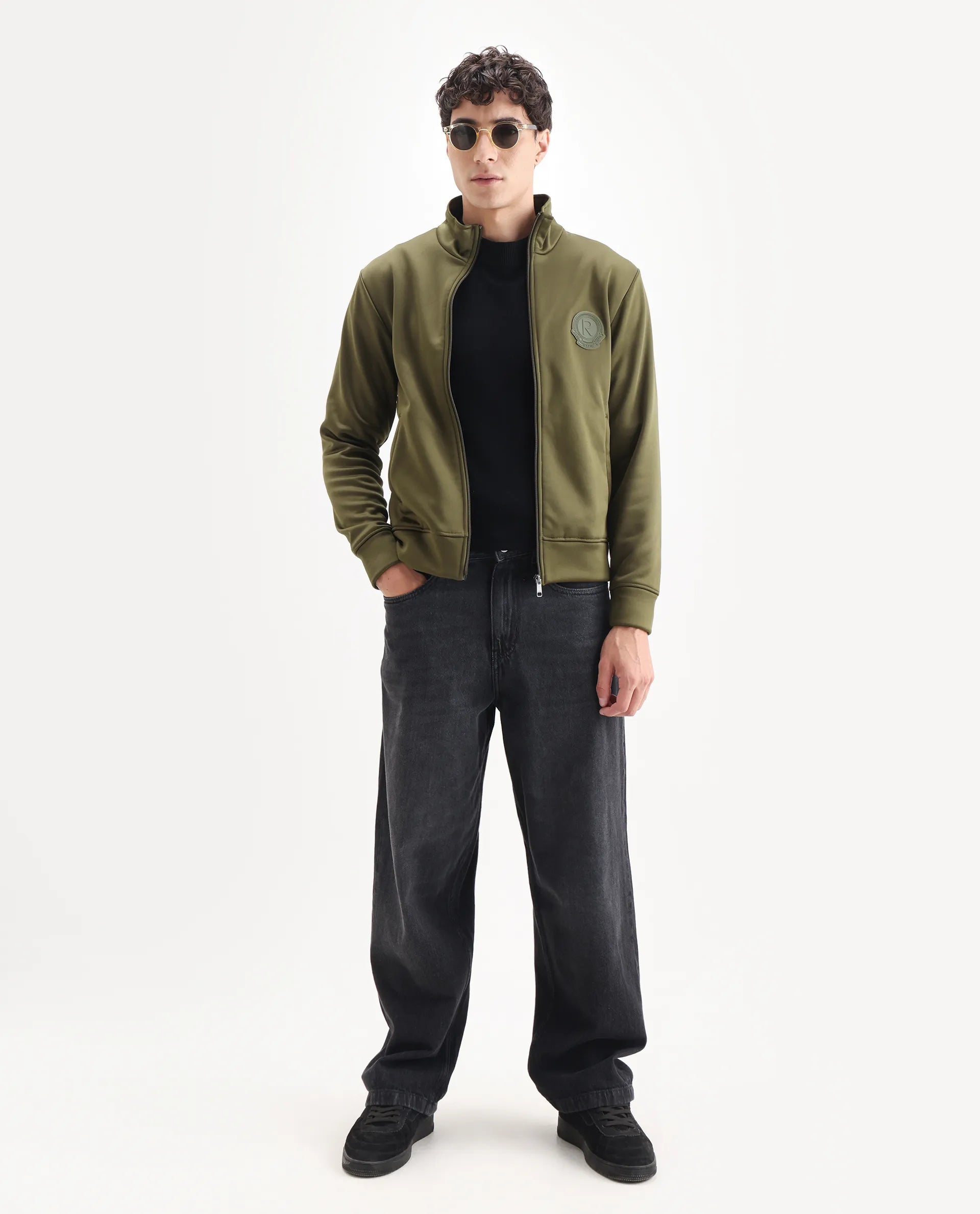 Rare Rabbit Men's Bond Olive Polyester Plain Regular Fit Full Sleeve High Neck Jacket