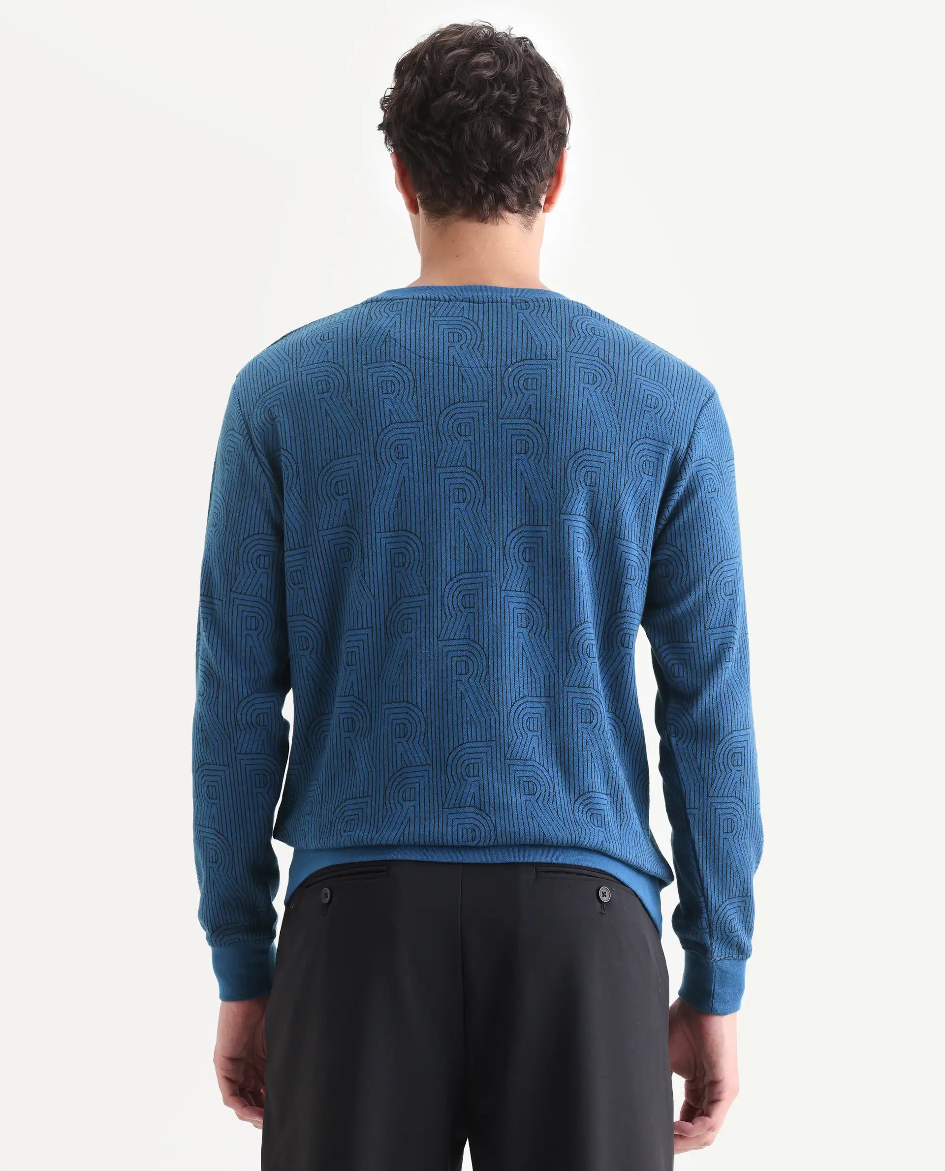 Rare Rabbit Men's Ove Blue Cotton Graphic Print Relaxed Fit Full Sleeve Crew Neck Sweatshirt