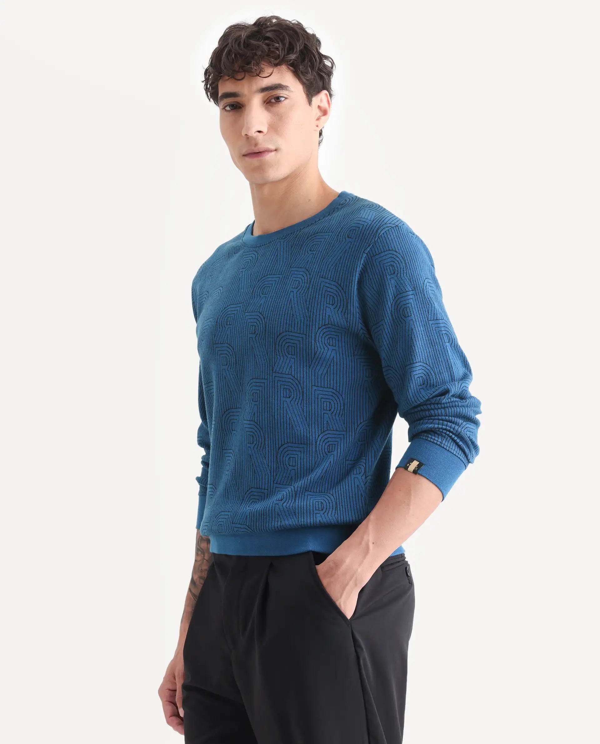 Rare Rabbit Men's Ove Blue Cotton Graphic Print Relaxed Fit Full Sleeve Crew Neck Sweatshirt