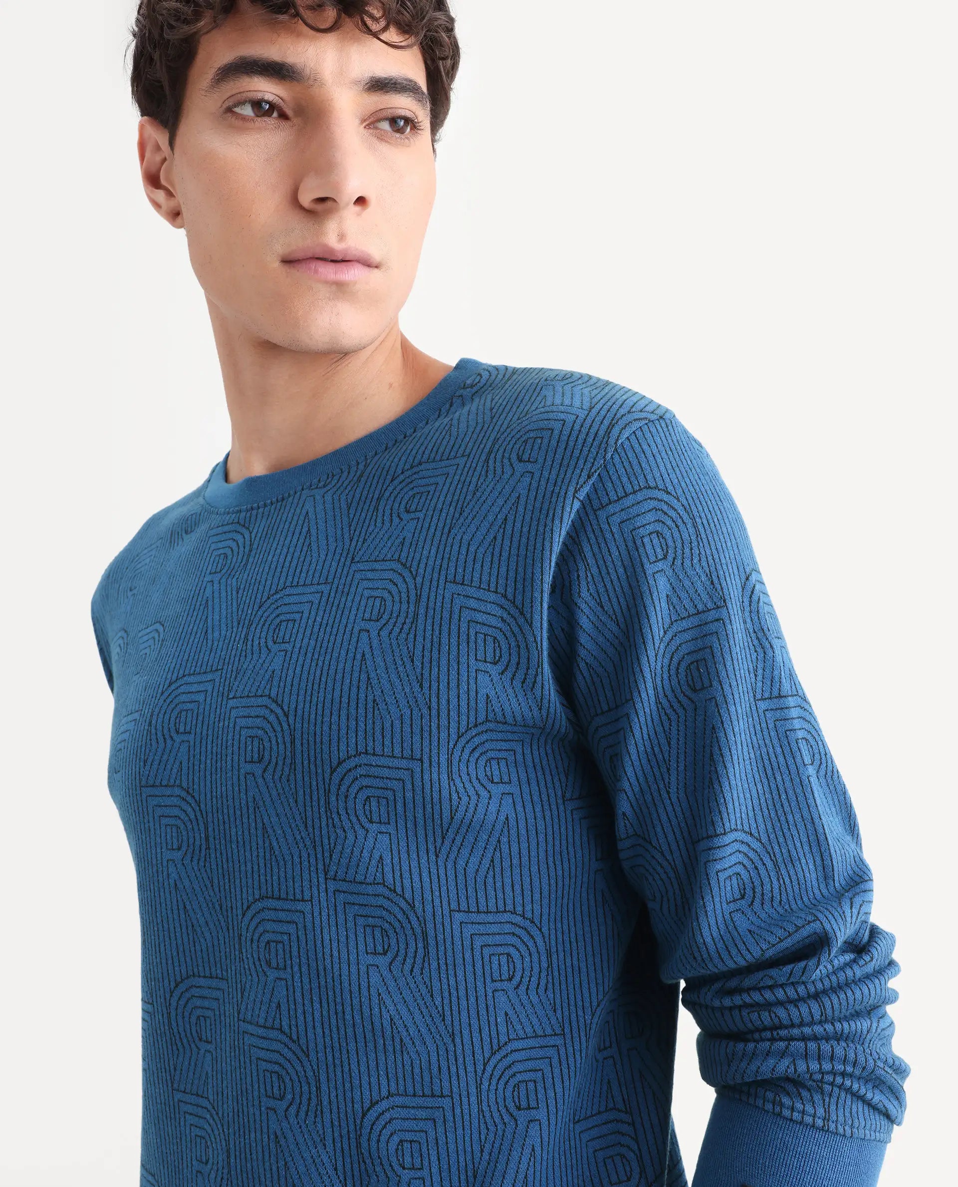 Rare Rabbit Men's Ove Blue Cotton Graphic Print Relaxed Fit Full Sleeve Crew Neck Sweatshirt