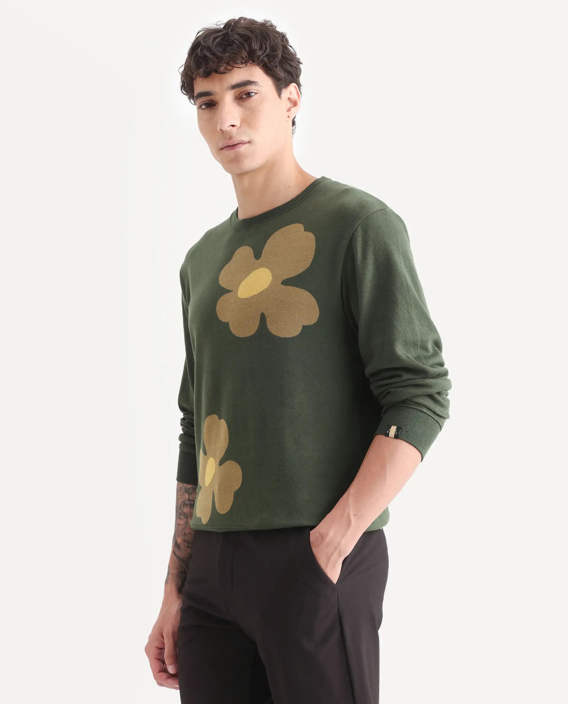 Rare Rabbit Men's Fauna Olive Cotton Floral Print Regular Fit Full Sleeve Crew Neck Sweatshirt
