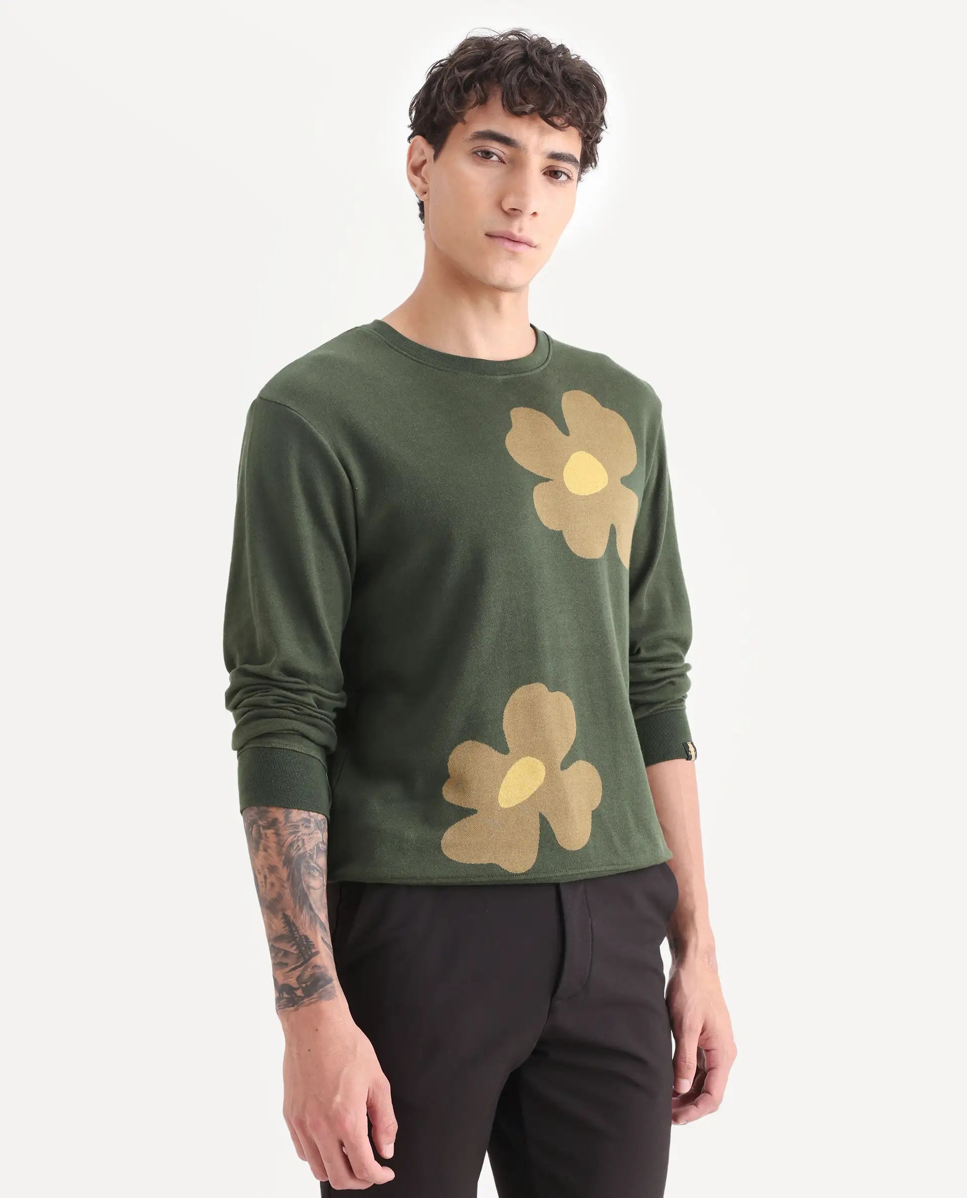 Rare Rabbit Men's Fauna Olive Cotton Floral Print Regular Fit Full Sleeve Crew Neck Sweatshirt