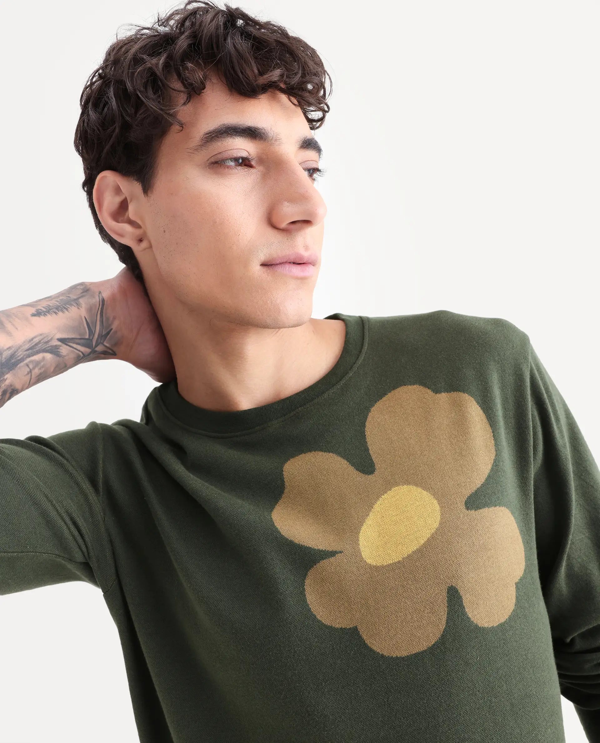 Rare Rabbit Men's Fauna Olive Cotton Floral Print Regular Fit Full Sleeve Crew Neck Sweatshirt