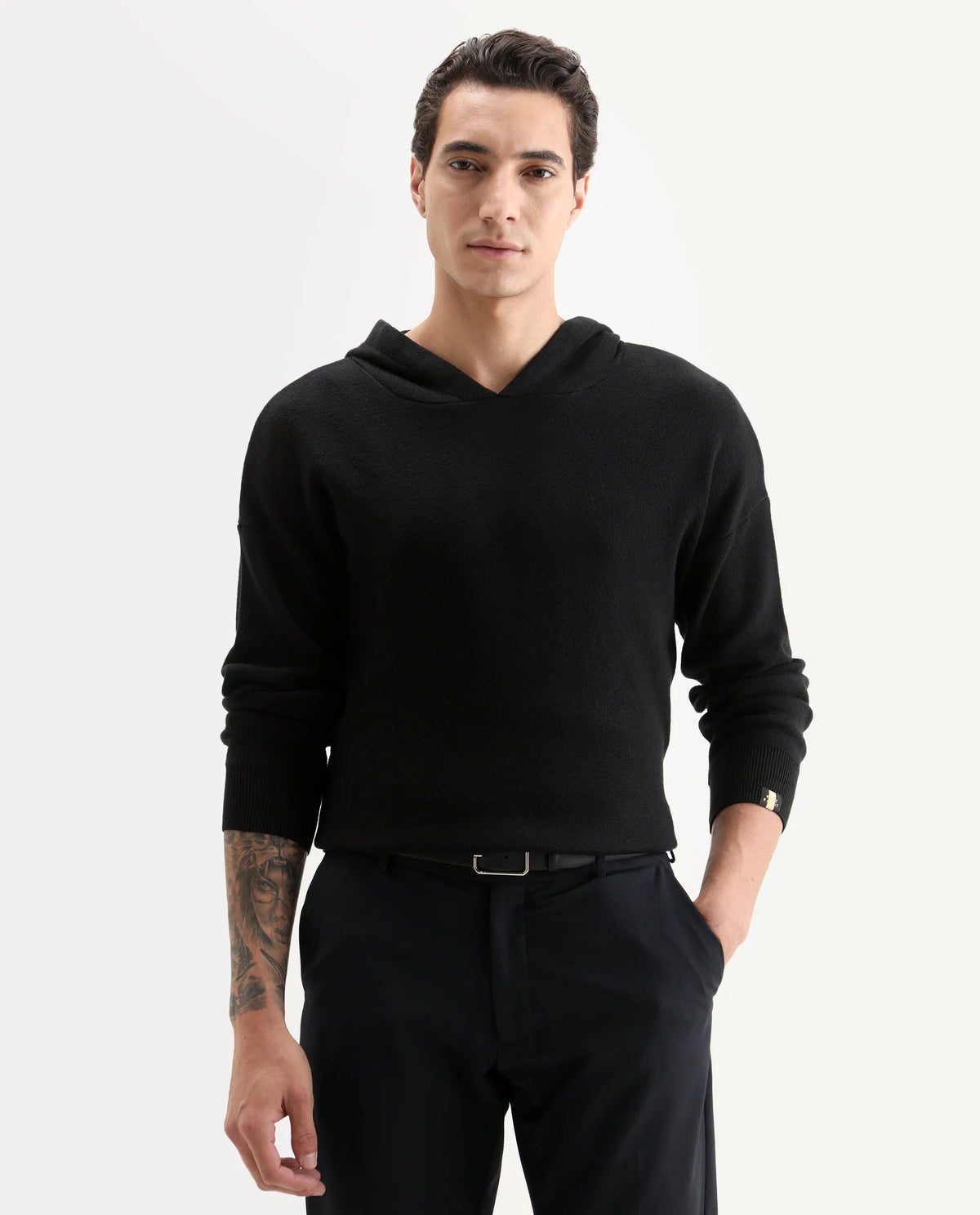 Rare Rabbit Men's Zarr Black Cotton Plain Regular Fit Full Sleeve Hooded Sweater