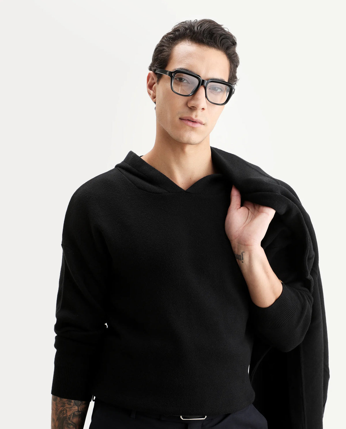 Rare Rabbit Men's Zarr Black Cotton Plain Regular Fit Full Sleeve Hooded Sweater