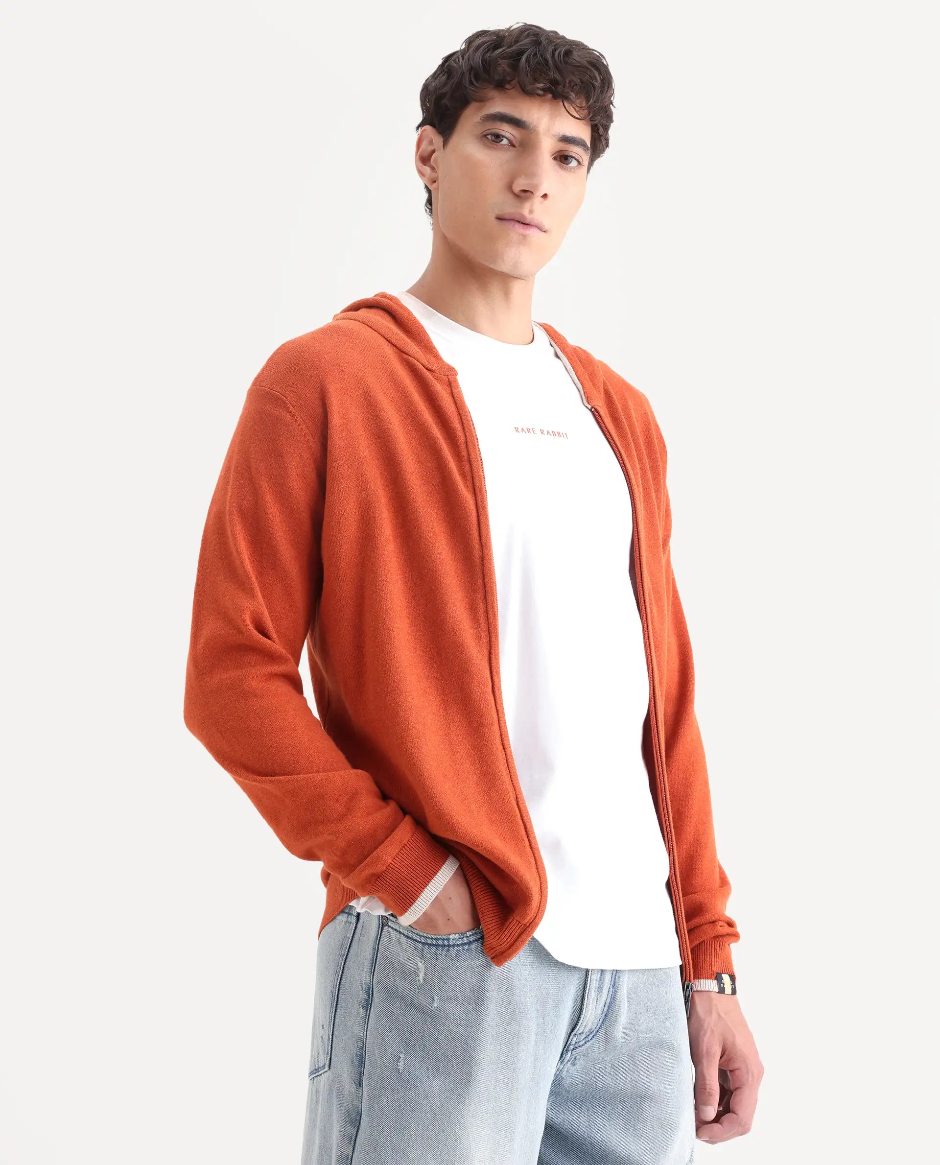 Rare Rabbit Men's Pisa Orange Cotton Plain Relaxed Fit Full Sleeve Hooded Sweater