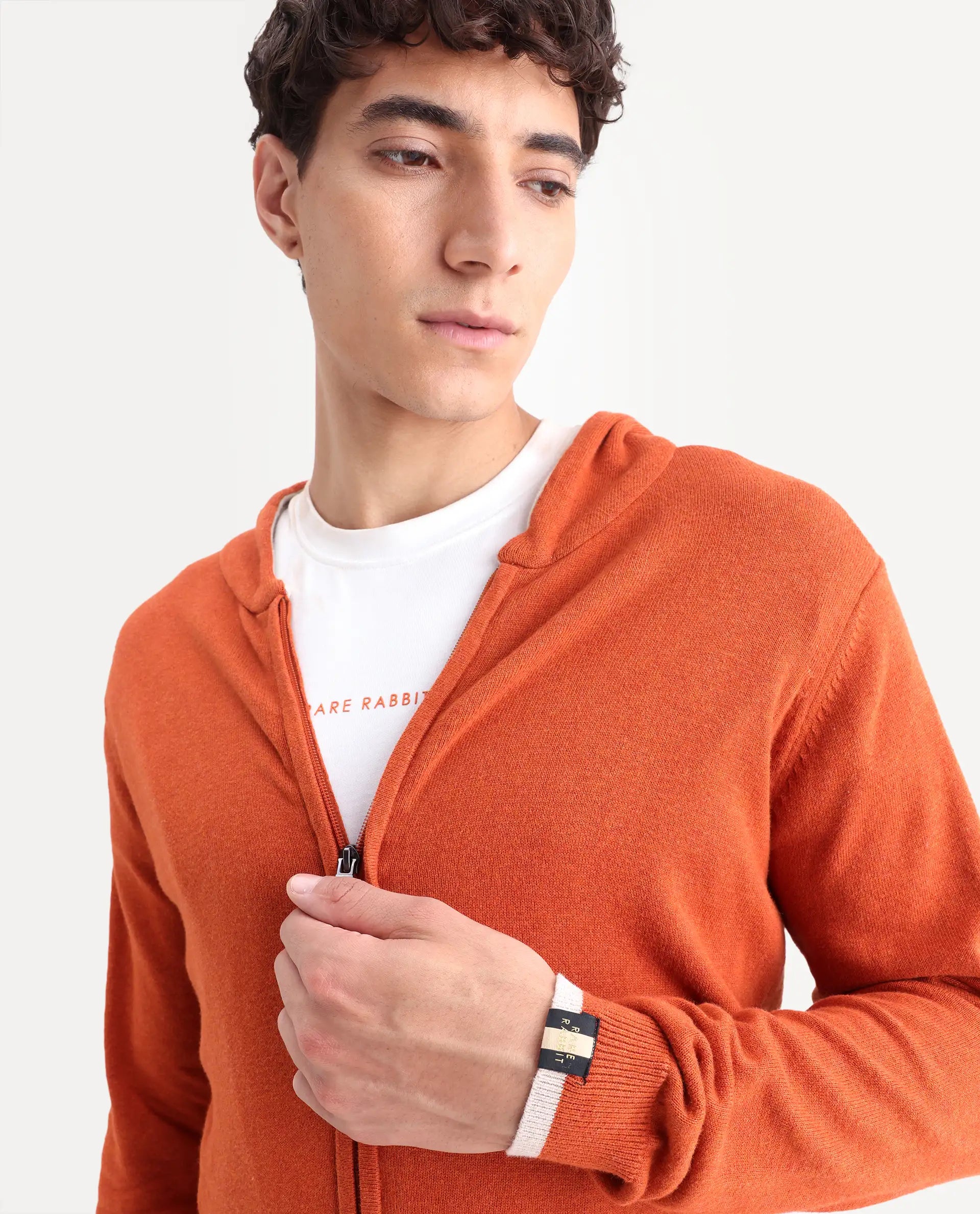Rare Rabbit Men's Pisa Orange Cotton Plain Relaxed Fit Full Sleeve Hooded Sweater