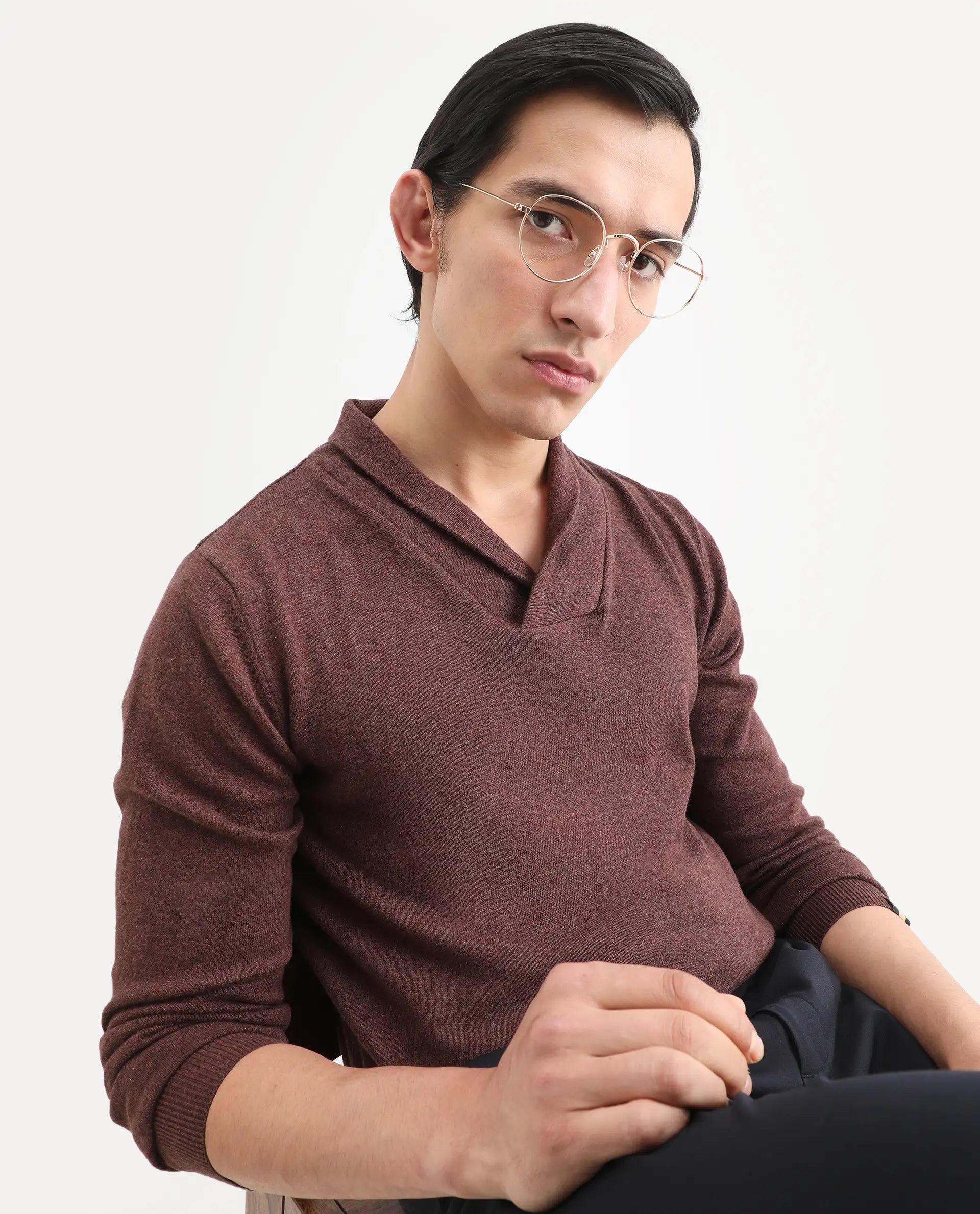 Rare Rabbit Men's Denvy Brown Cotton Plain Regular Fit Full Sleeve Shawl Neck Sweater