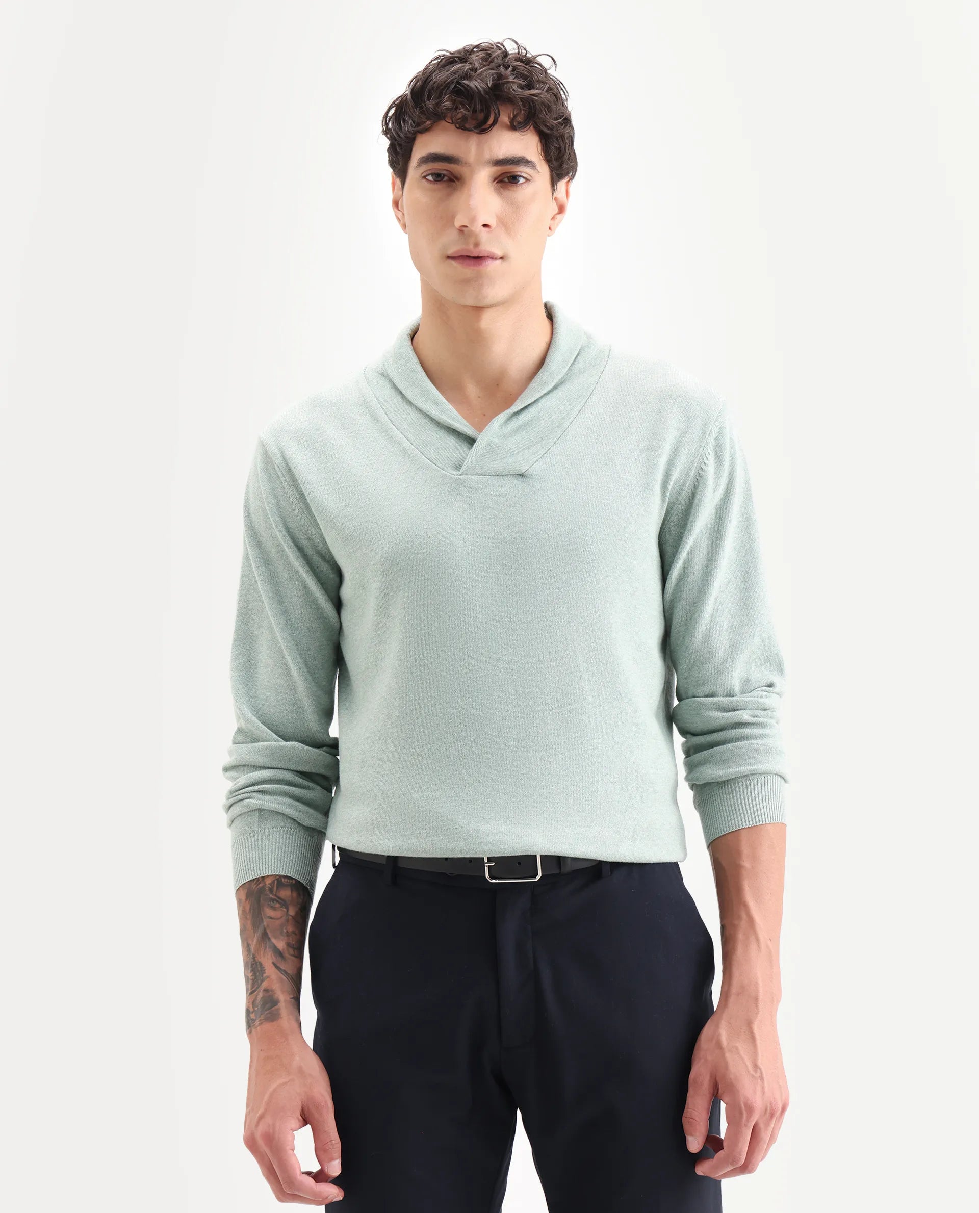 Rare Rabbit Men's Denvy Green Cotton Plain Regular Fit Full Sleeve Shawl Neck Sweater