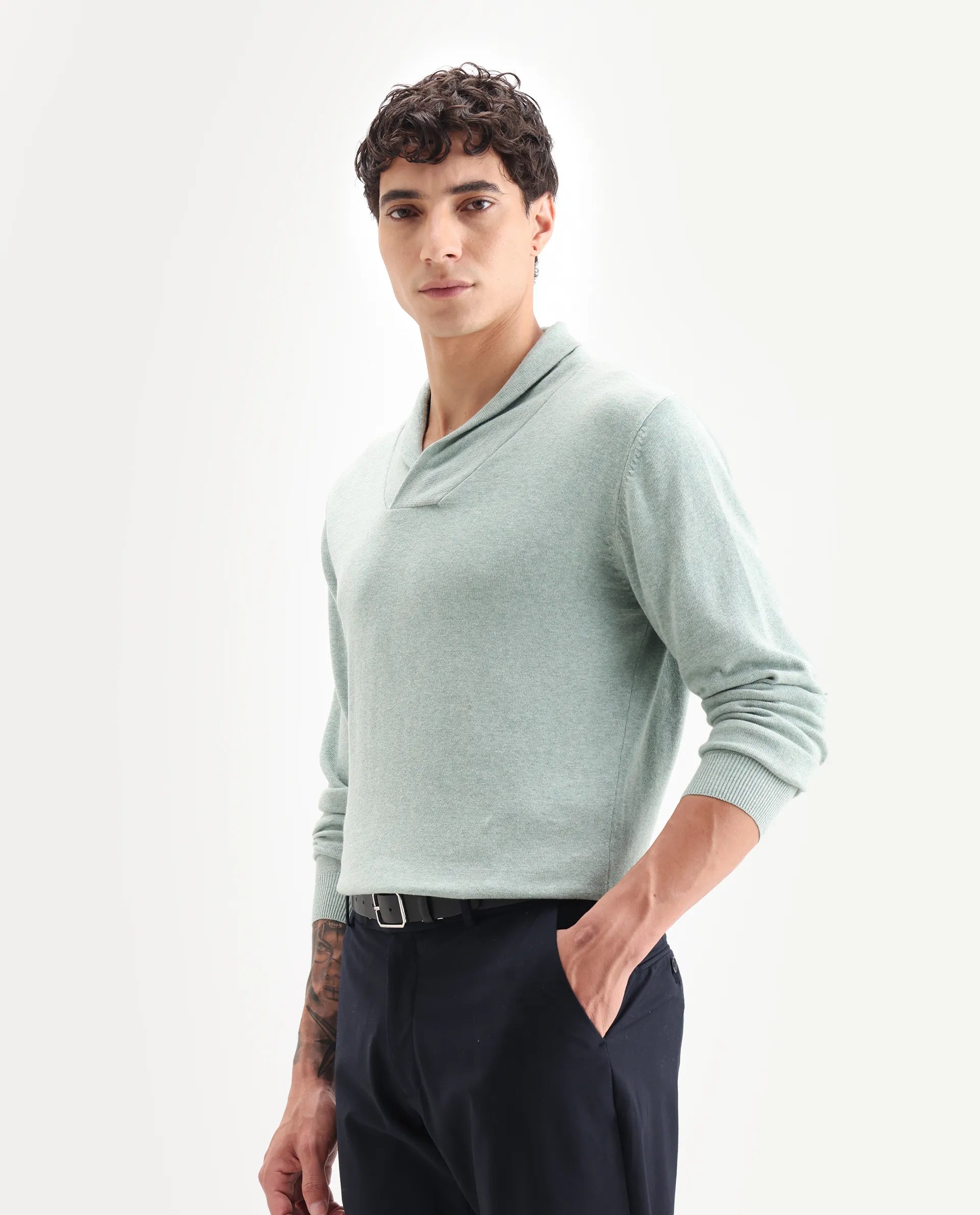 Rare Rabbit Men's Denvy Green Cotton Plain Regular Fit Full Sleeve Shawl Neck Sweater