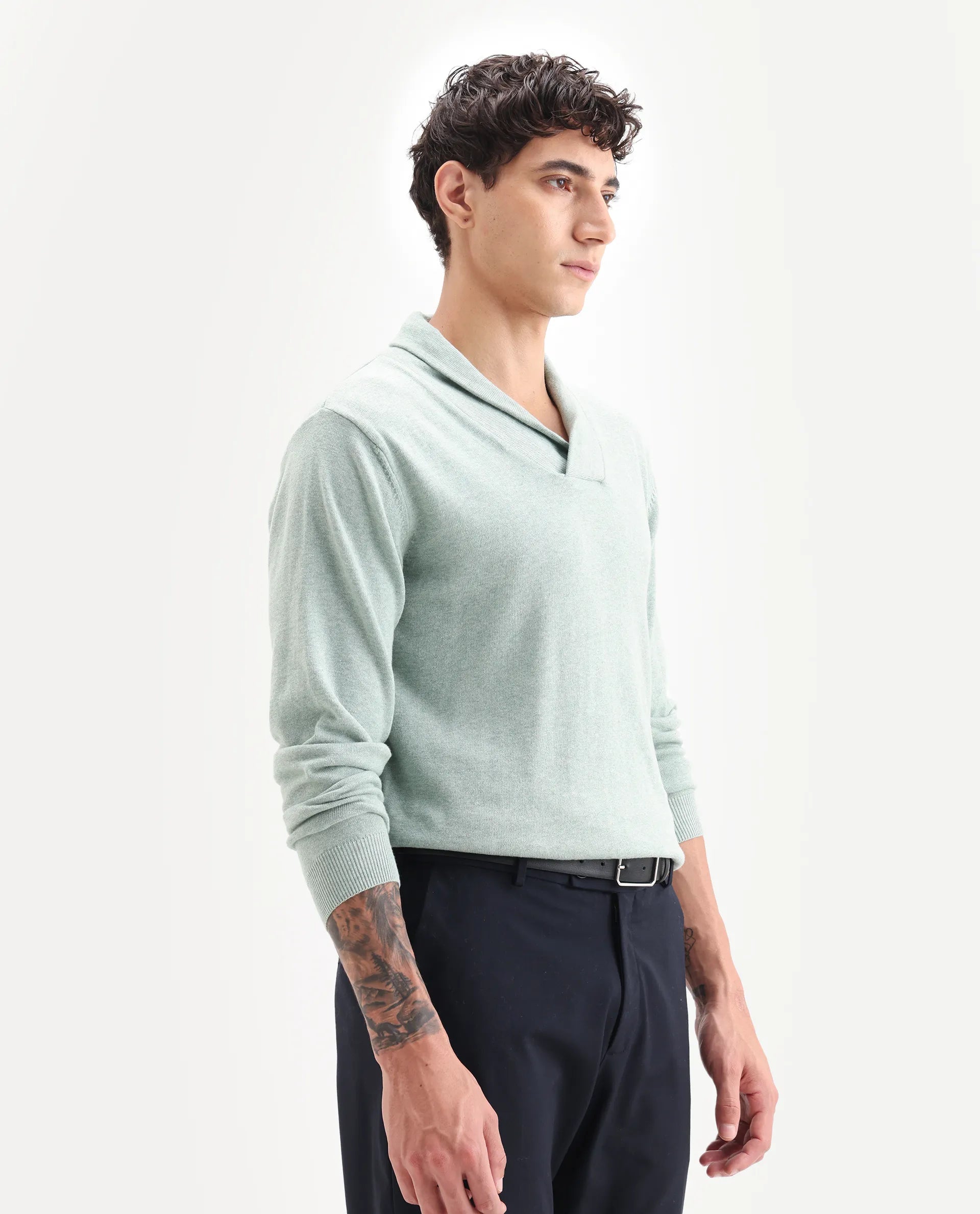 Rare Rabbit Men's Denvy Green Cotton Plain Regular Fit Full Sleeve Shawl Neck Sweater