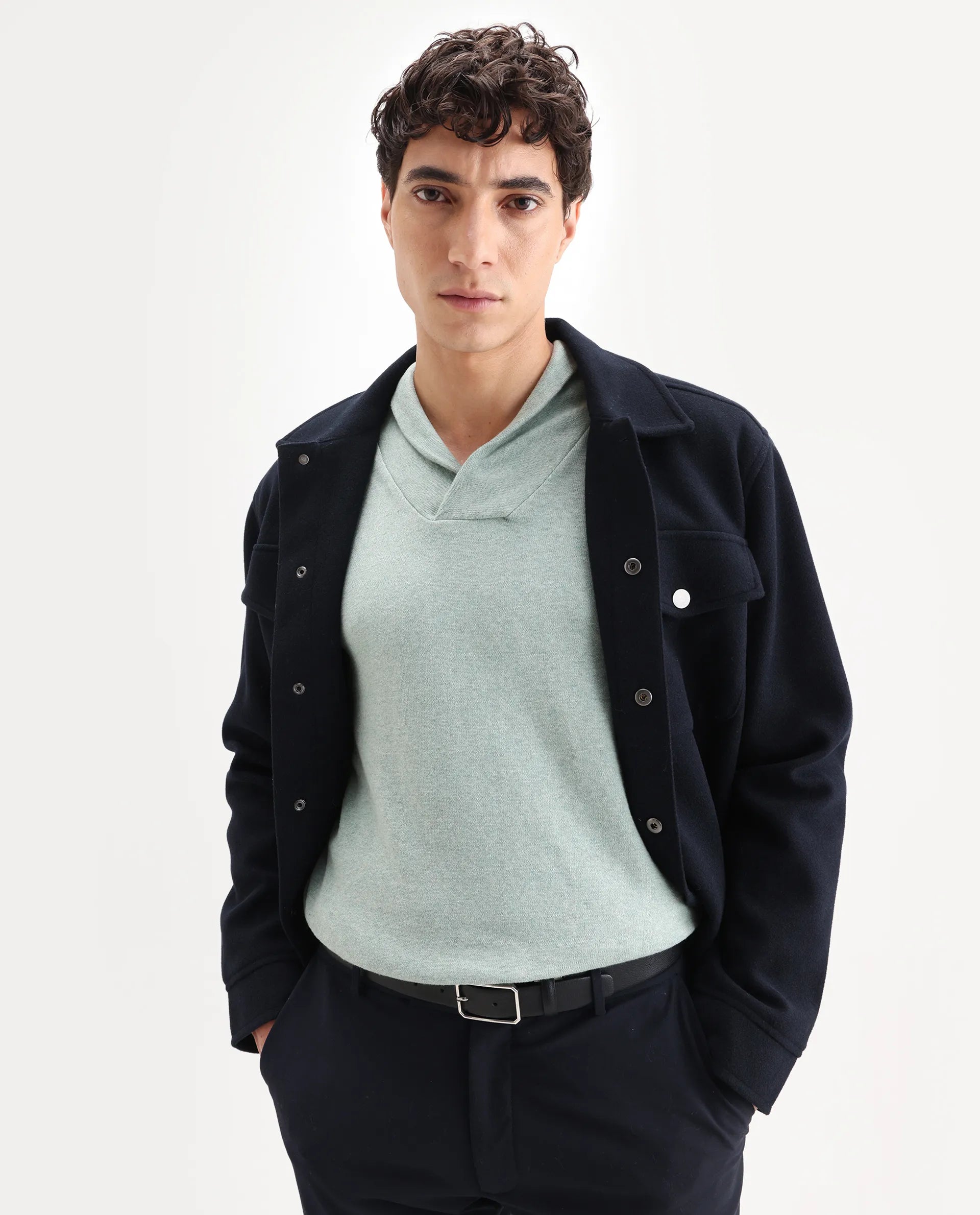 Rare Rabbit Men's Denvy Green Cotton Plain Regular Fit Full Sleeve Shawl Neck Sweater