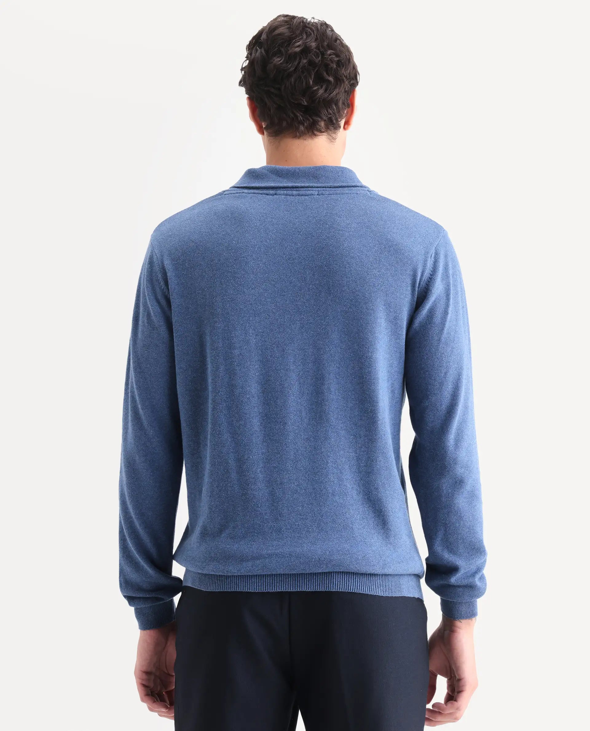 Rare Rabbit Men's Denvy Blue Cotton Plain Regular Fit Full Sleeve Shawl Neck Sweater