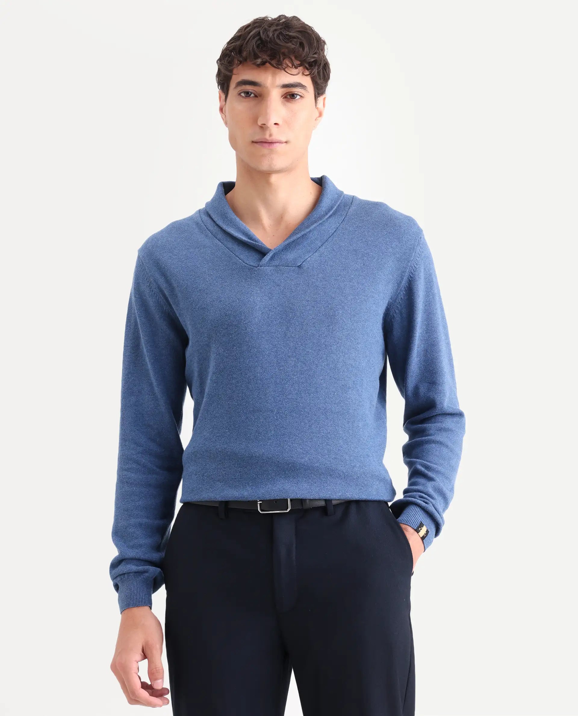 Rare Rabbit Men's Denvy Blue Cotton Plain Regular Fit Full Sleeve Shawl Neck Sweater