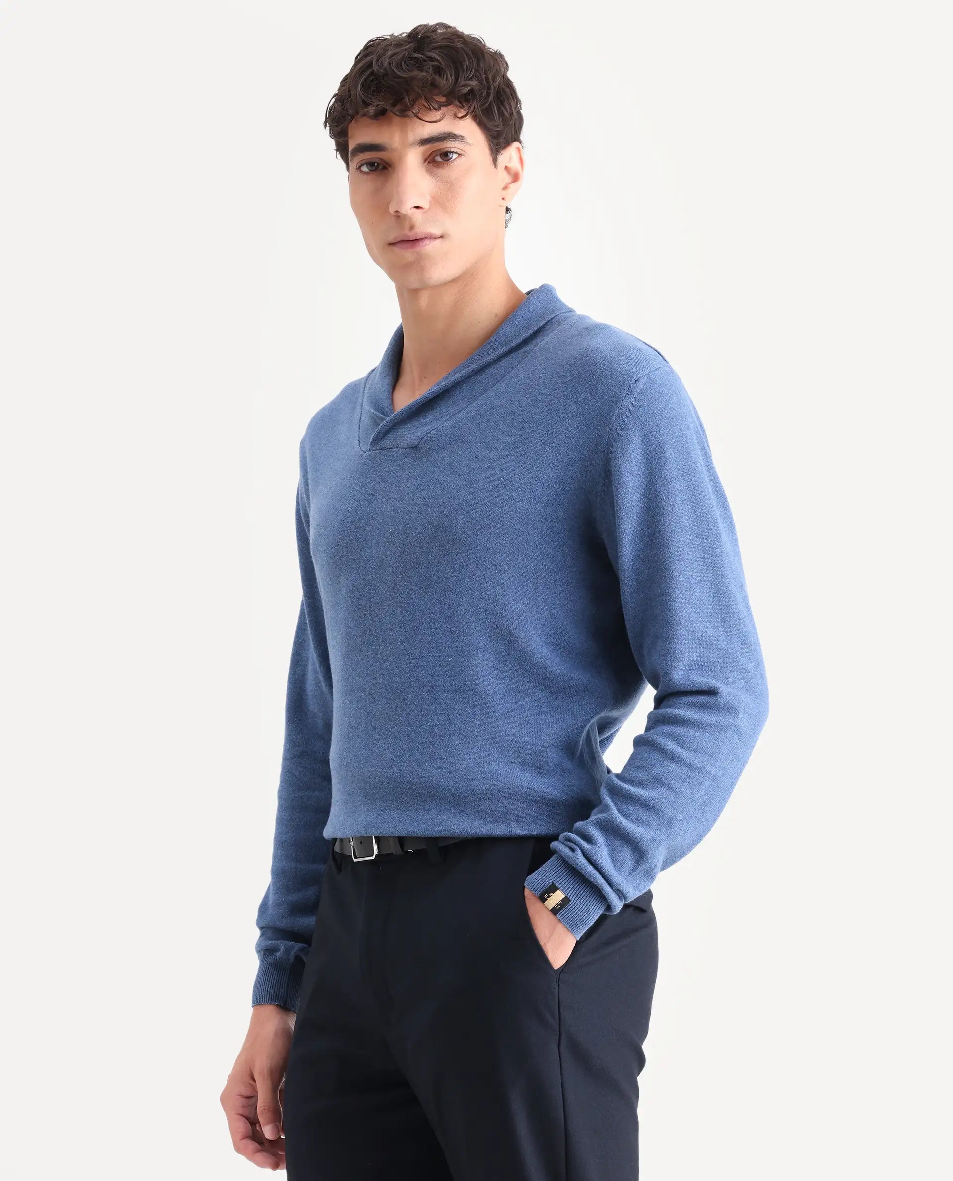 Rare Rabbit Men's Denvy Blue Cotton Plain Regular Fit Full Sleeve Shawl Neck Sweater