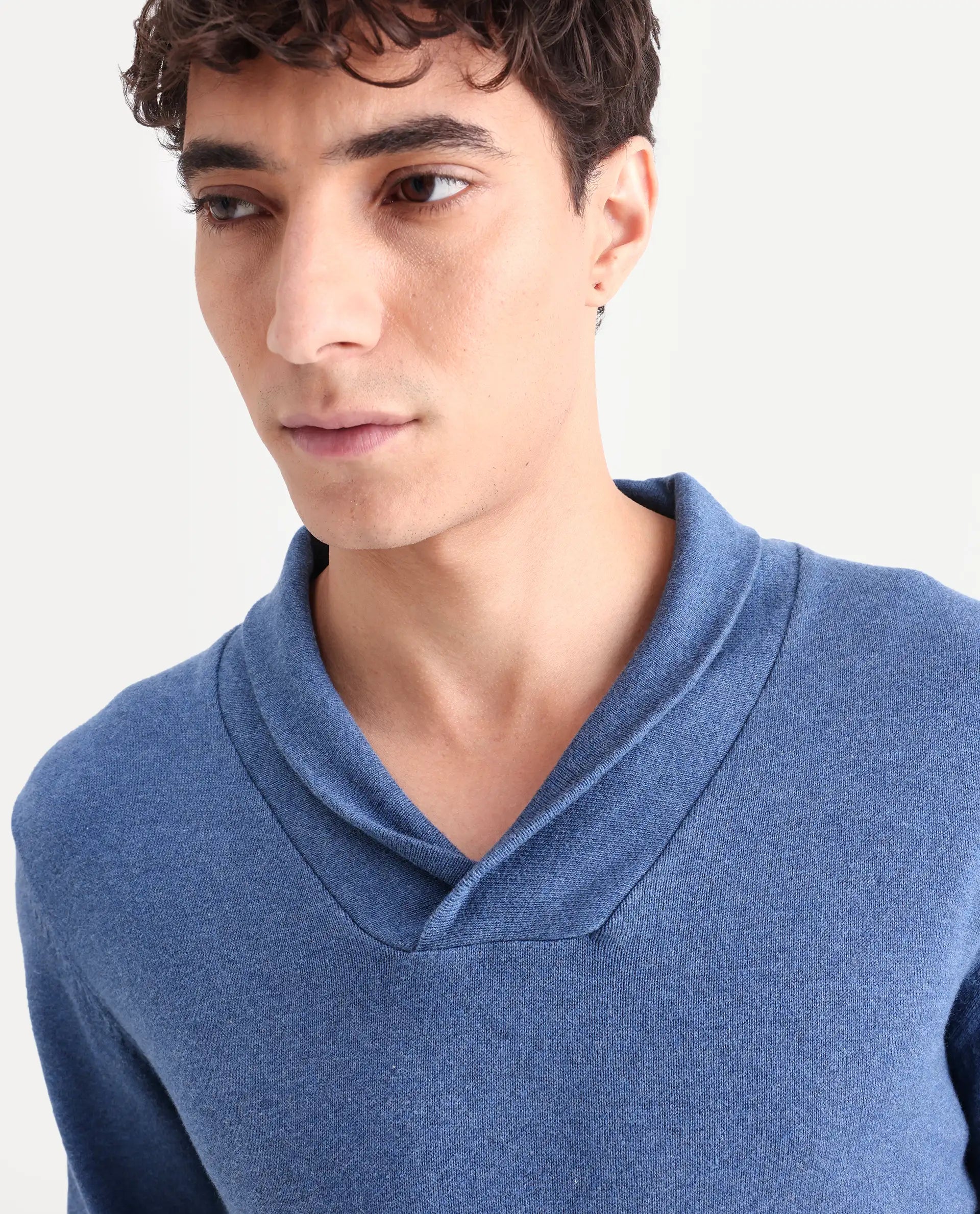 Rare Rabbit Men's Denvy Blue Cotton Plain Regular Fit Full Sleeve Shawl Neck Sweater